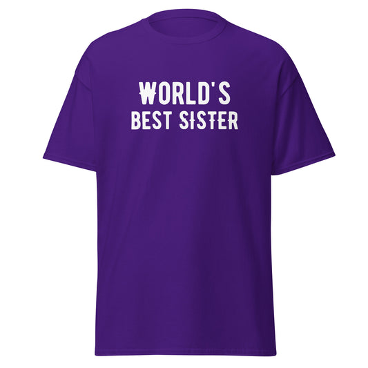 The Worlds Best Sister T-Shirt by FunnyDripStore is a purple tee with bold white text—an ideal funny gift for sisters who love humor.