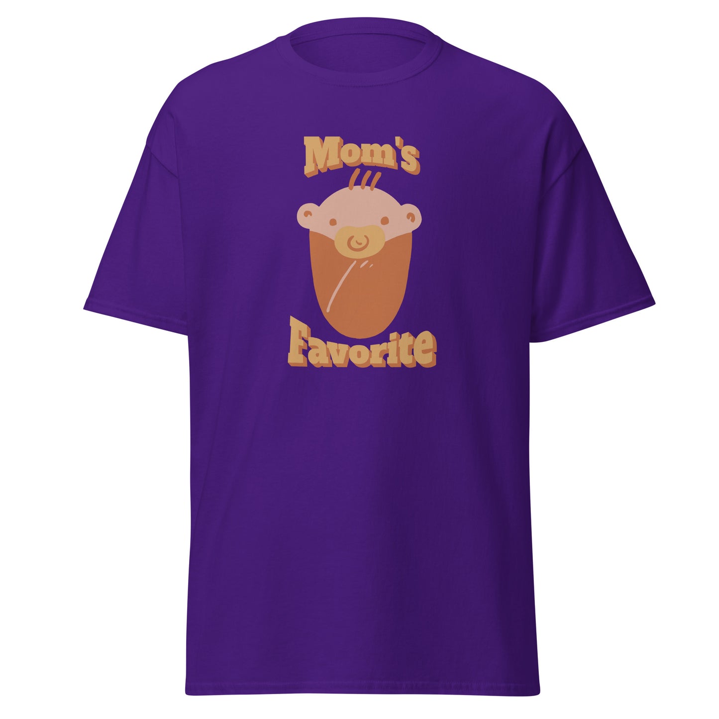 FunnyDripStore’s Moms Favorite T-Shirt in black features a cartoon baby face with a pacifier and “Moms Favorite” text in light brown—a playful, funny tee perfect for anyone who loves to show off their sense of humor!.