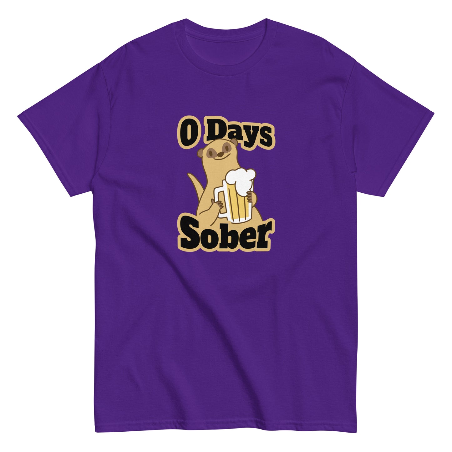 The 0 Days Sober T-Shirt by FunnyDripStore features a cartoon meerkat with a beer mug and bold 0 Days Sober text, printed on a navy shirt—ideal quirky, funny clothing for fans of humorous style.