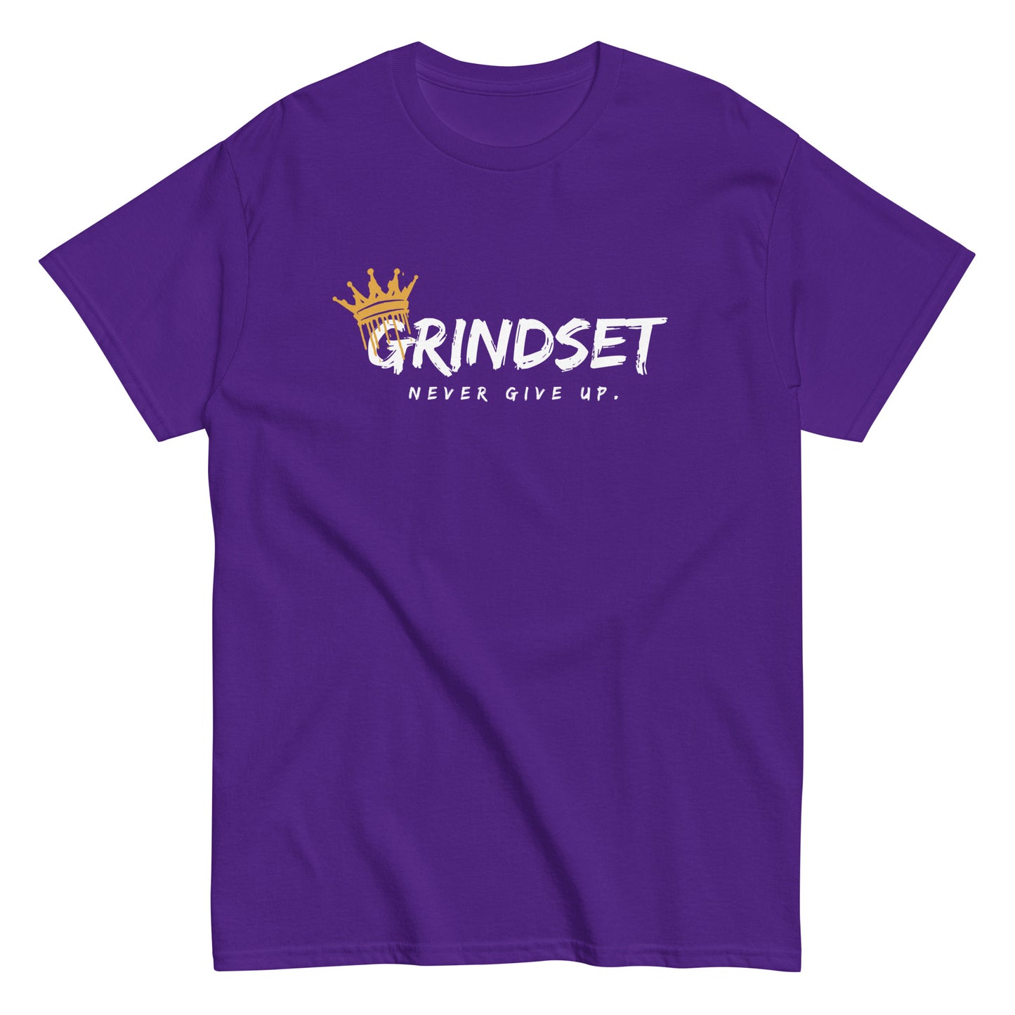 The Grindset T-Shirt by FunnyDripStore is a purple tee featuring GRINDSET in bold white letters with a gold crown over the G, and NEVER GIVE UP. below—ideal for fans of clever text shirts.