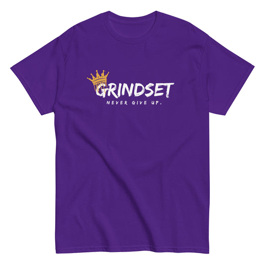 The Grindset T-Shirt by FunnyDripStore is a purple tee featuring GRINDSET in bold white letters with a gold crown over the G, and NEVER GIVE UP. below—ideal for fans of clever text shirts.