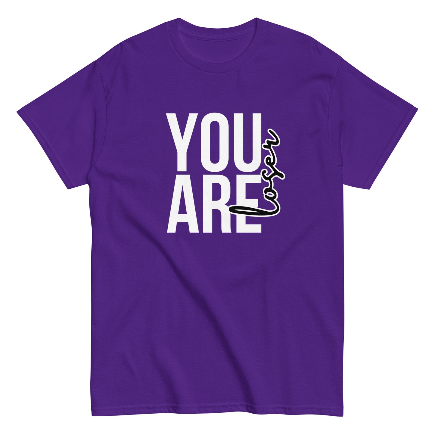 The black “You Are Loser T-Shirt” by FunnyDripStore features bold white YOU ARE text with “loser” in playful cursive overlapping—a cheeky, uplifting take on classic funny tees.