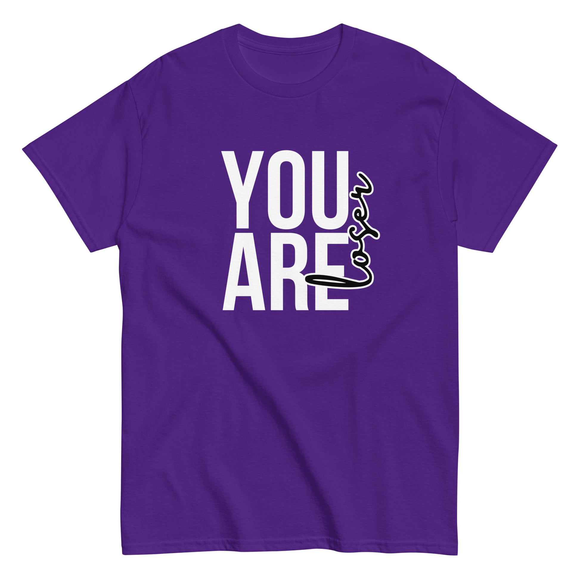 The black “You Are Loser T-Shirt” by FunnyDripStore features bold white YOU ARE text with “loser” in playful cursive overlapping—a cheeky, uplifting take on classic funny tees.