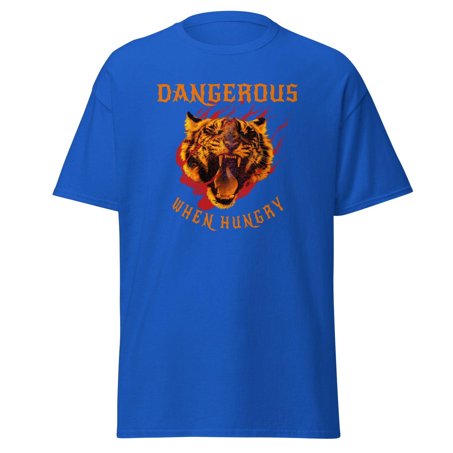 The Dangerous When Hungry T-Shirt by FunnyDripStore features a bold tiger head with flames and yellow-orange text reading DANGEROUS above and WHEN HUNGRY below—perfect for anyone who loves funny, eye-catching style.
