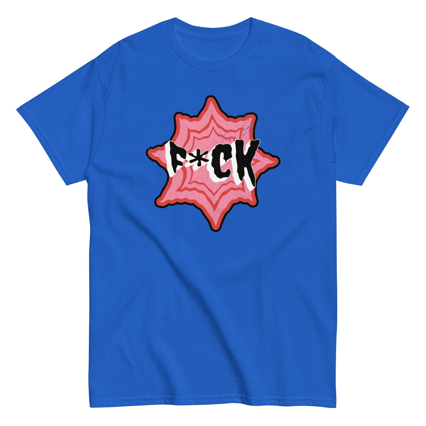 The F*ck T-Shirt by FunnyDripStore is a black tee with F*CK in bold black and white letters, a red asterisk as the U, all centered in a jagged red and pink starburst—a standout funny merch item.