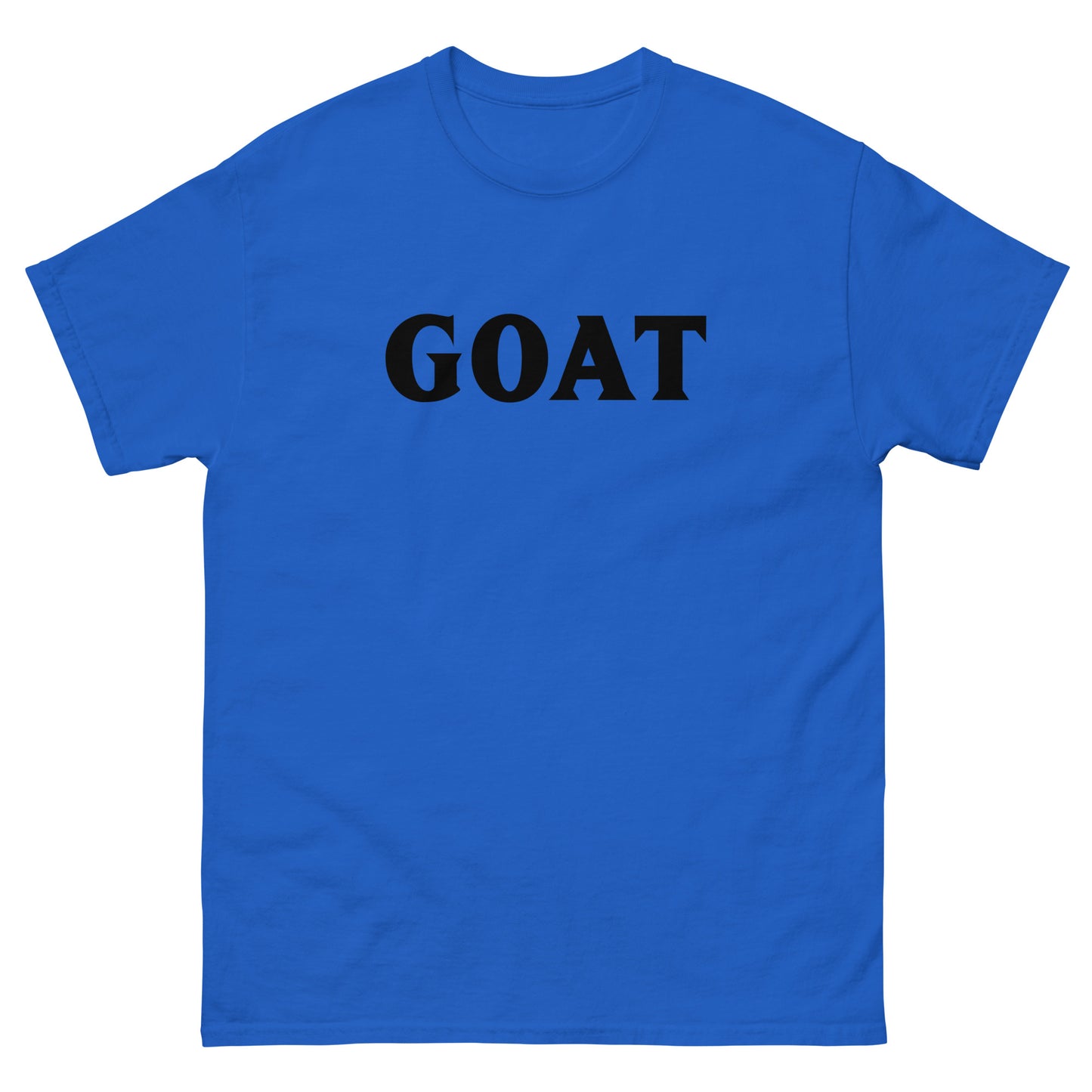 The GOAT T-Shirt by FunnyDripStore is a plain white tee with GOAT in bold, black letters across the chest—an ideal meme shirt for fans of funny clothing.