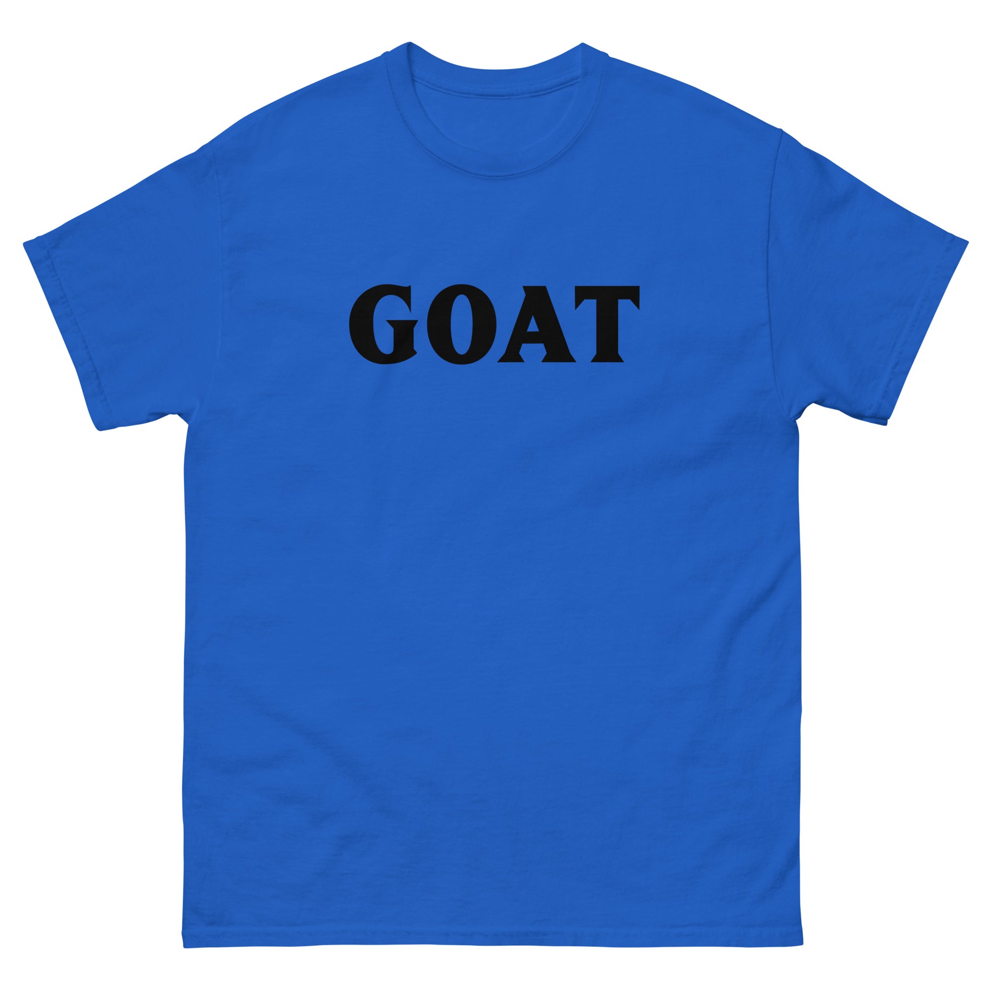 The GOAT T-Shirt by FunnyDripStore is a plain white tee with GOAT in bold, black letters across the chest—an ideal meme shirt for fans of funny clothing.