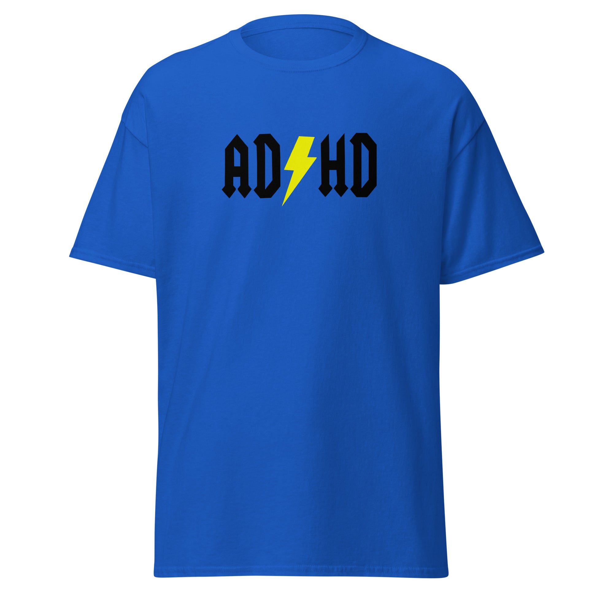 The ADHD T-Shirt by FunnyDripStore features ADHD in bold white letters with a yellow lightning bolt as the second H, styled like the AC/DC logo—a great gift for anyone who loves funny graphic tees.