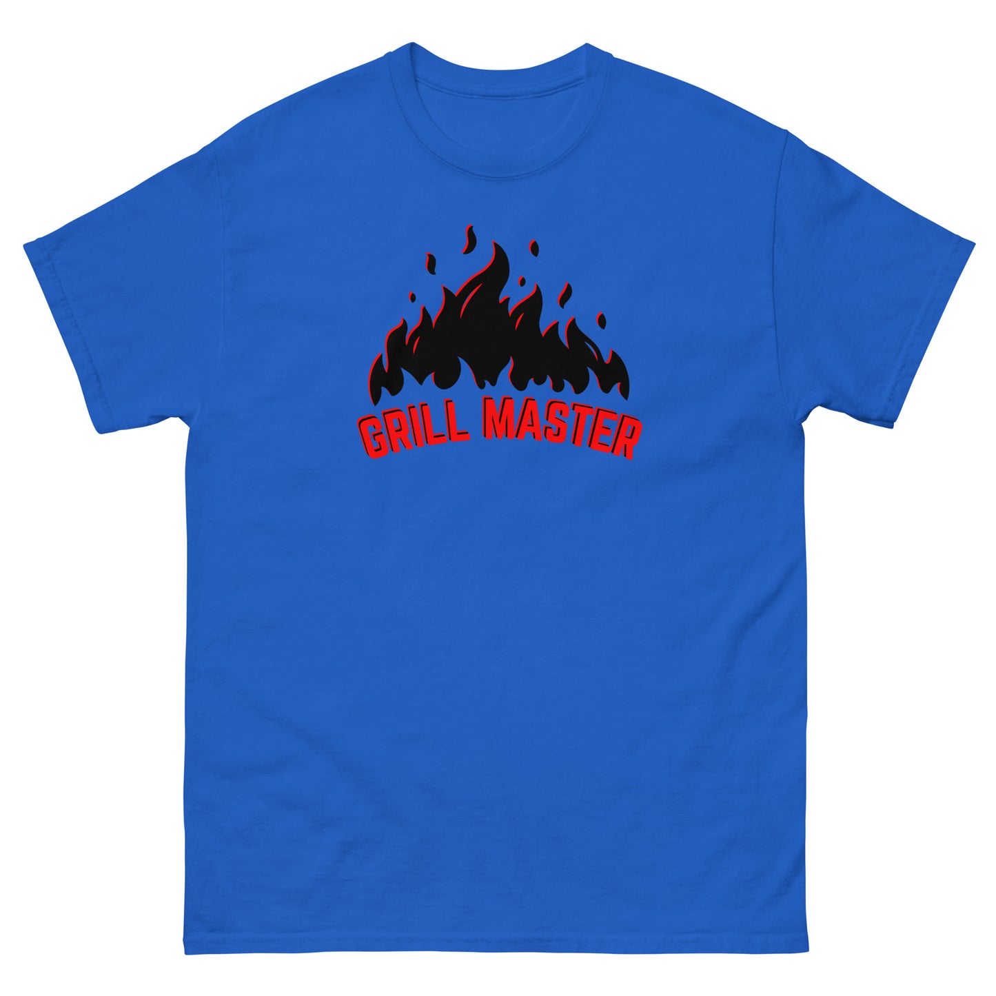 The Grill Master T-Shirt by FunnyDripStore: a yellow tee with black flames above bold red GRILL MASTER text—funny merch perfect for any BBQ lover.