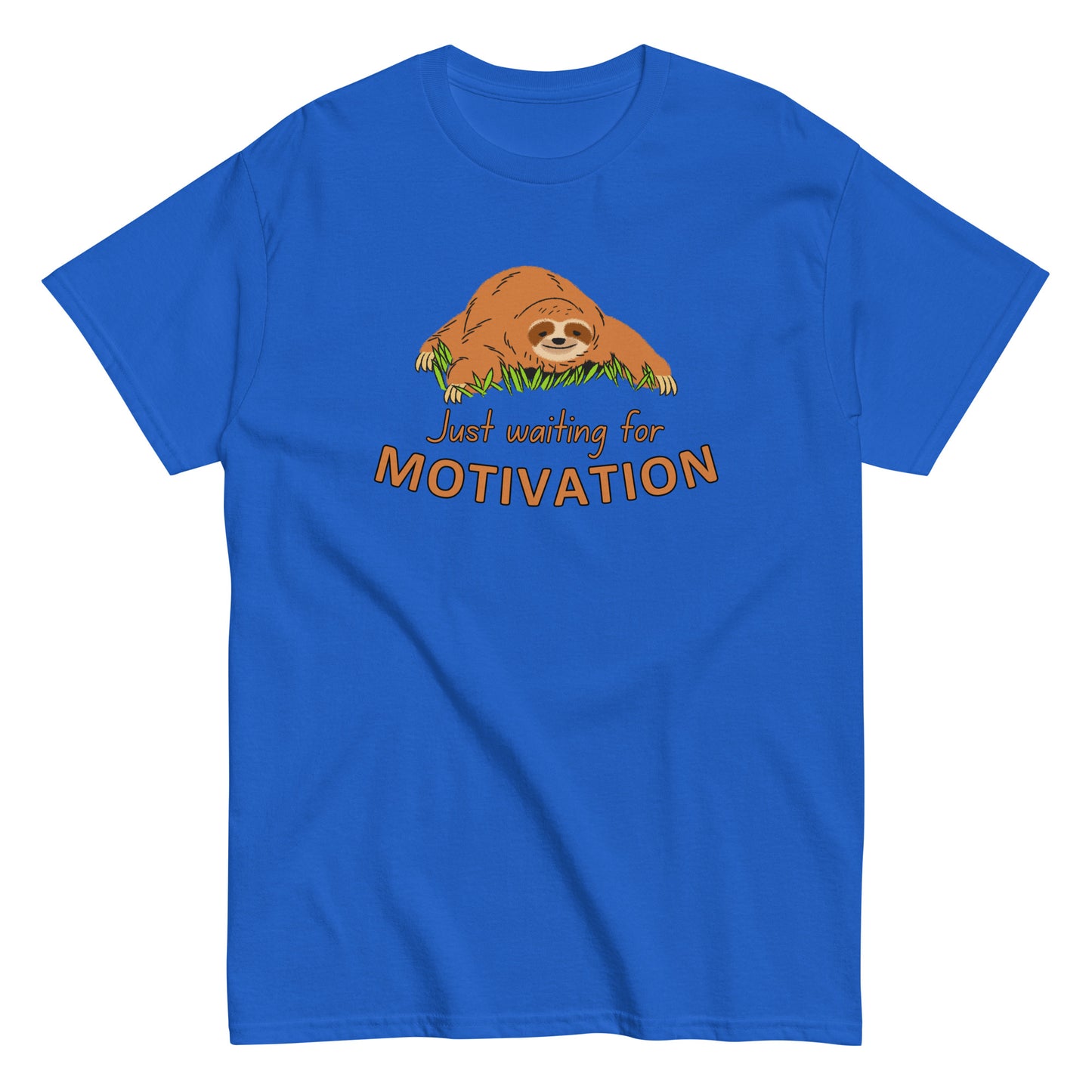 The Just Waiting For Motivation T-Shirt by FunnyDripStore features a smiling sloth on grass above bold orange and yellow text—a perfect choice for fans of funny apparel.