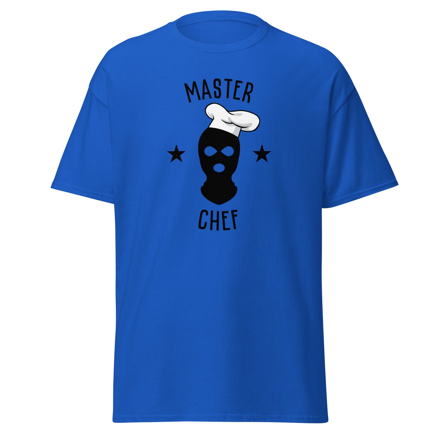 The Master Chef T-Shirt by FunnyDripStore features a black ski mask in a chef’s hat, two black stars, and bold “MASTER CHEF” text above and below the graphic.
