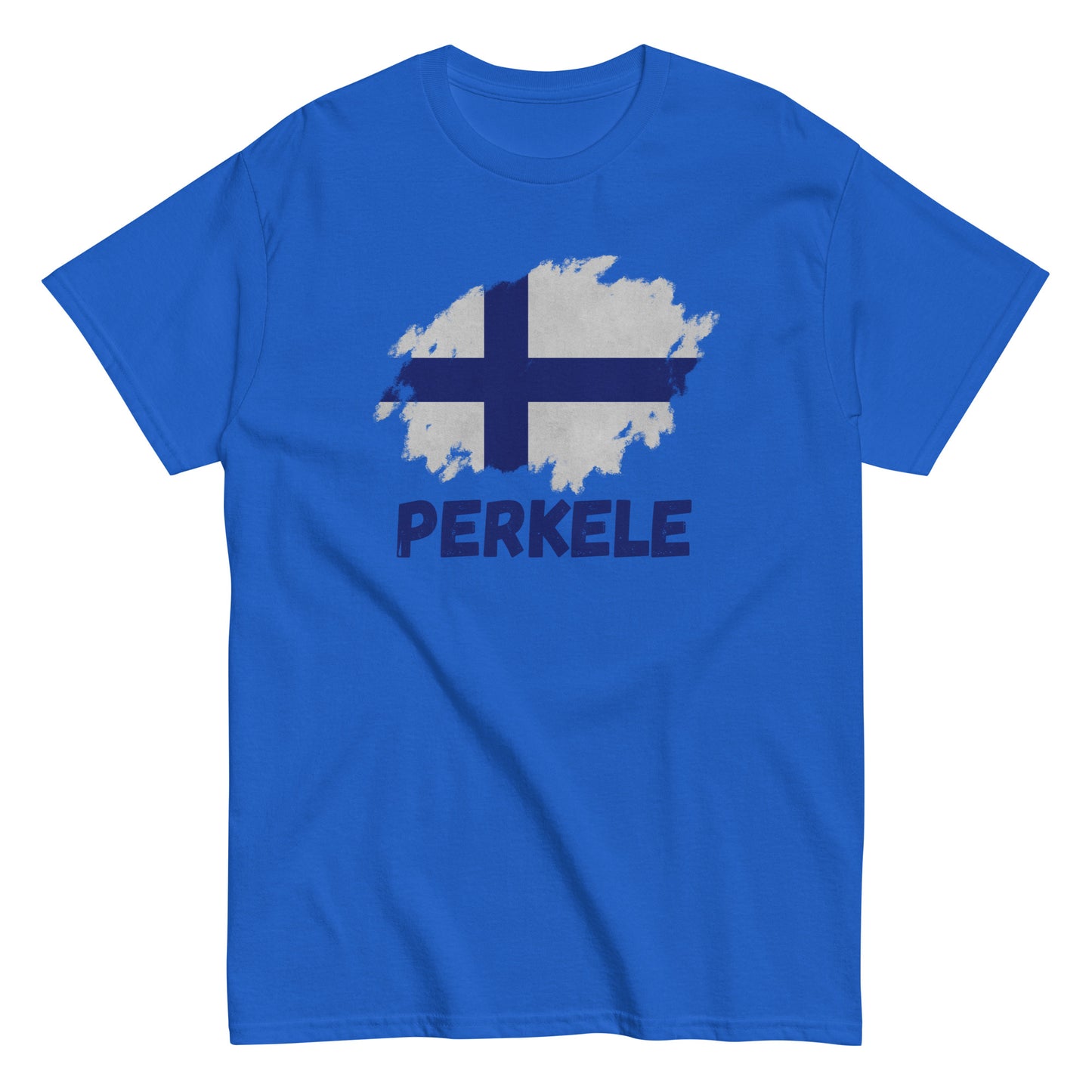 The Perkele T-Shirt by FunnyDripStore features a white design with a brushstroke Finnish flag above bold blue PERKELE text—a unique, funny tee for fans of quirky merch.
