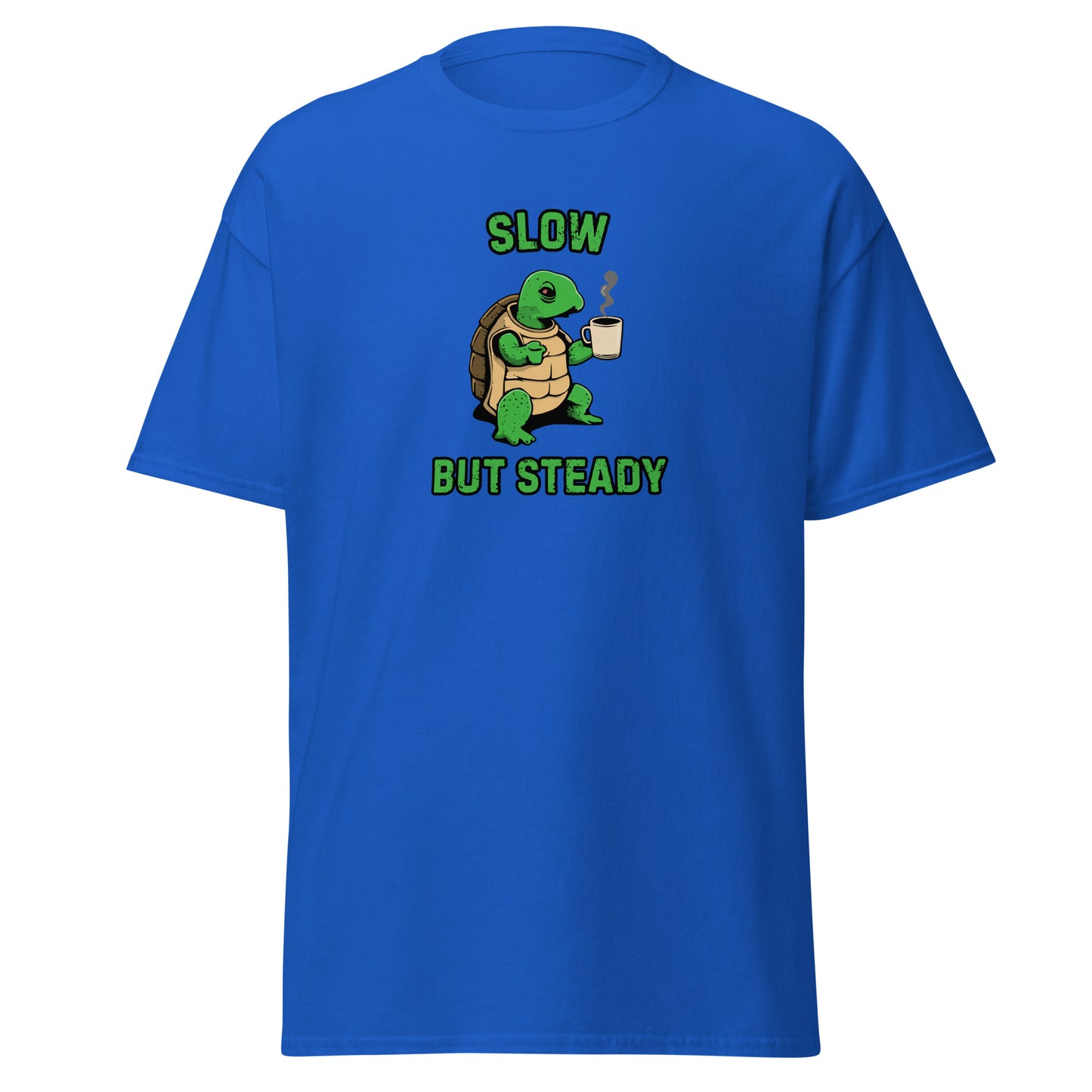 The FunnyDripStore Slow But Steady T-Shirt is a black tee with a cartoon turtle holding a coffee mug and SLOW above and BUT STEADY below in green—perfect meme shirt for coffee lovers.