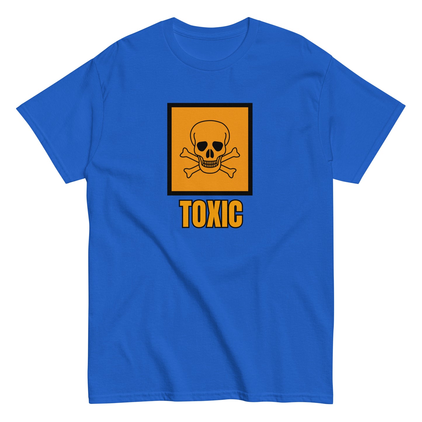 The FunnyDripStore Toxic T-Shirt features a bold yellow square with a black skull and crossbones above TOXIC in yellow on the front. This black meme shirt is perfect for those who love humorous clothing.