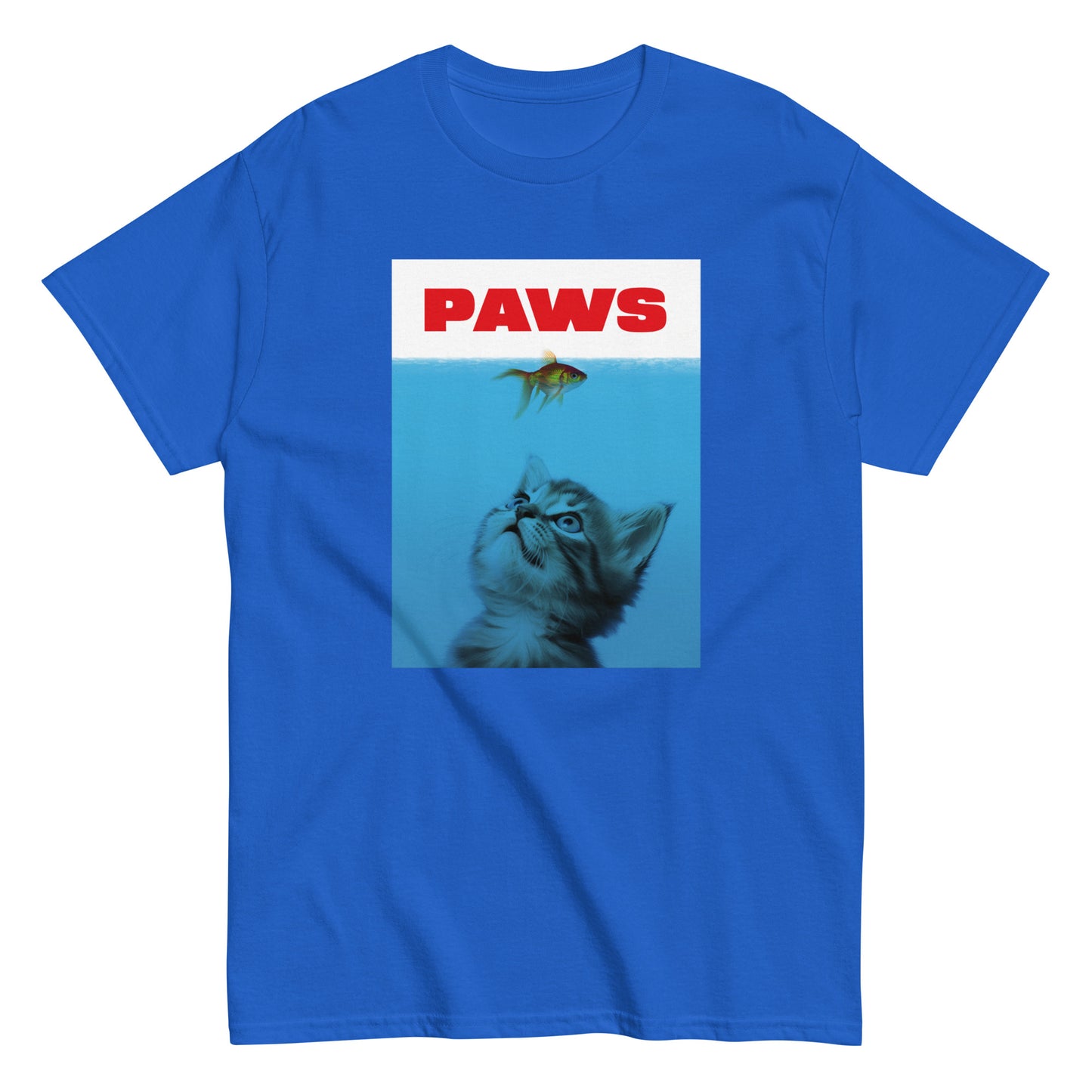 The Paws T-Shirt by FunnyDripStore features a kitten underwater eyeing a goldfish, with PAWS in bold red— a humorous meme shirt parodying the classic Jaws poster.