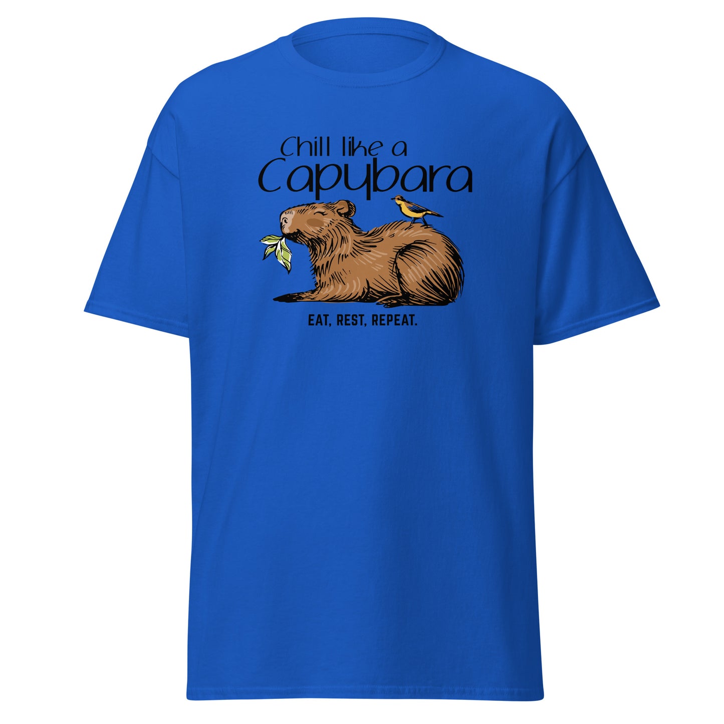 Chill Like A Capybara T-Shirt by FunnyDripStore: White tee with a relaxed capybara and bird eating a leaf, captioned “Chill like a Capybara” above and “Eat, rest, repeat” below. Perfect funny shirt for laid-back meme lovers!.