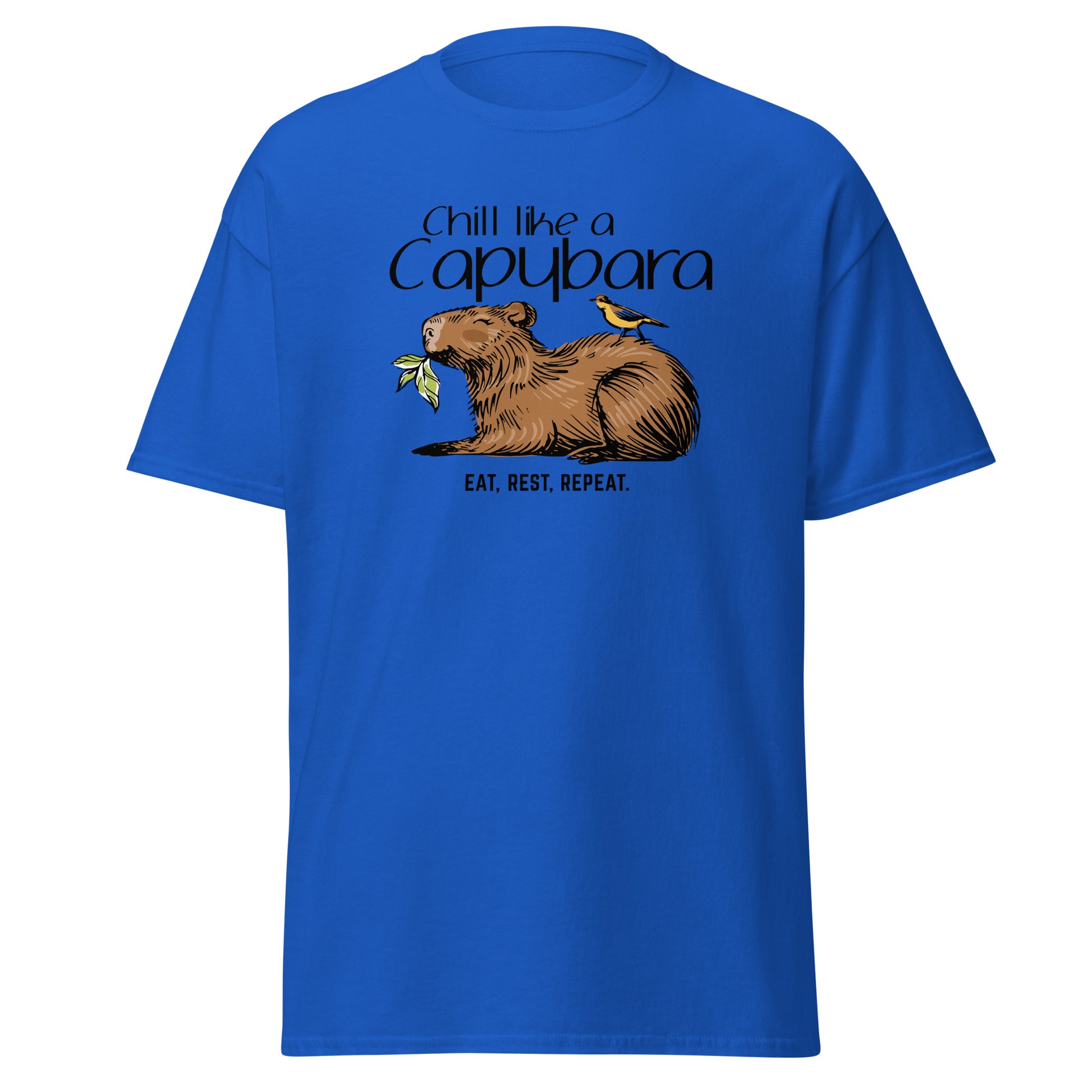 Chill Like A Capybara T-Shirt by FunnyDripStore: White tee with a relaxed capybara and bird eating a leaf, captioned “Chill like a Capybara” above and “Eat, rest, repeat” below. Perfect funny shirt for laid-back meme lovers!.