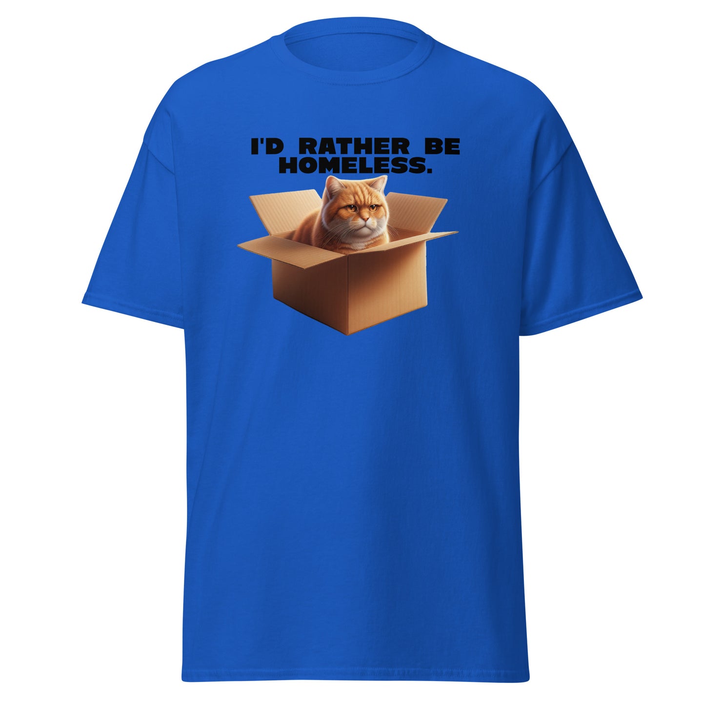 The Id Rather Be Homeless T-Shirt by FunnyDripStore features a grumpy orange cat in a box on a gold tee—perfect quirky merch for cat lovers and fans of clever text shirts.