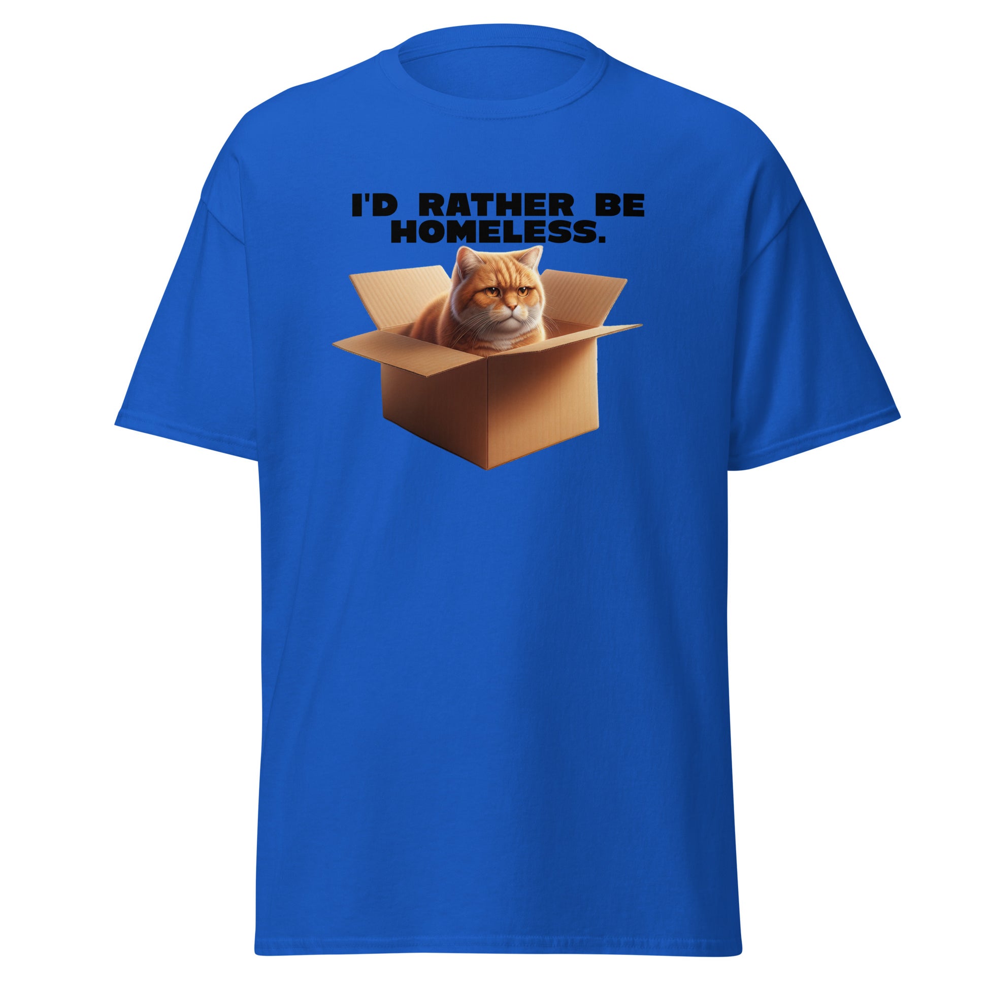 The Id Rather Be Homeless T-Shirt by FunnyDripStore features a grumpy orange cat in a box on a gold tee—perfect quirky merch for cat lovers and fans of clever text shirts.