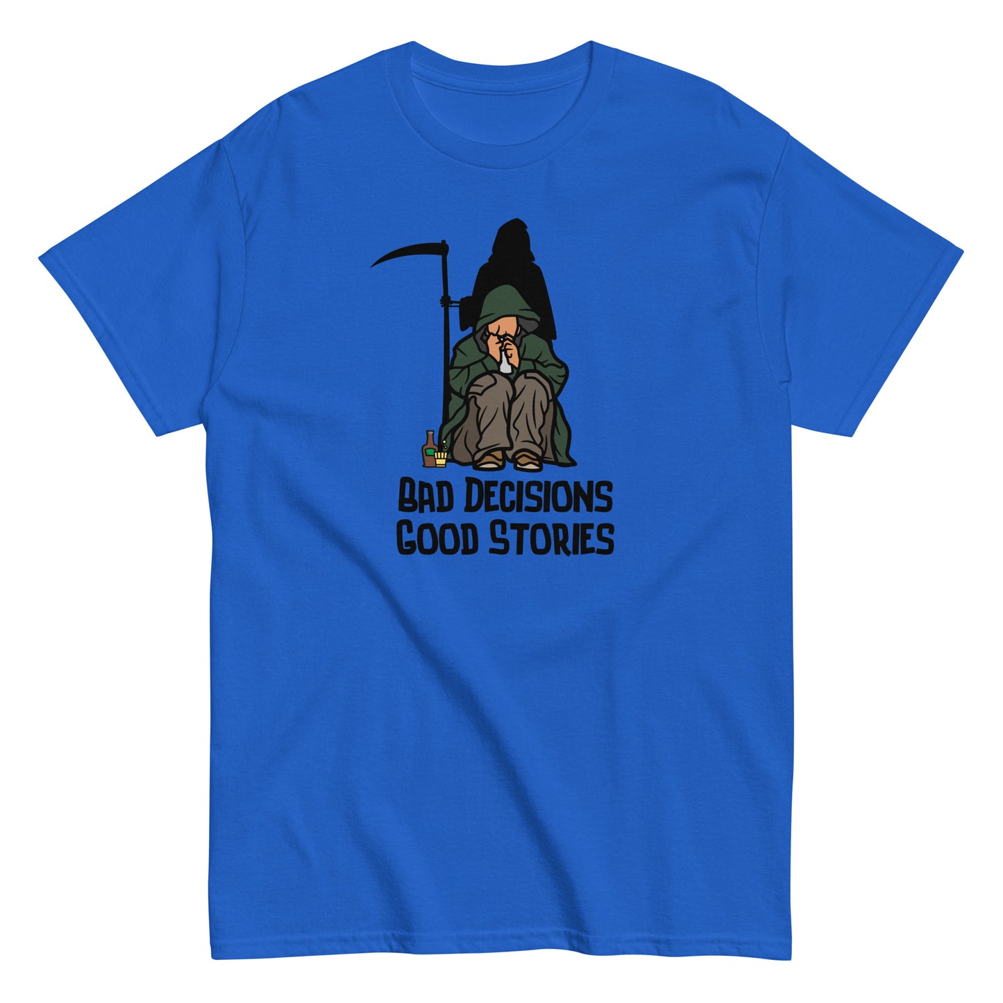 The FunnyDripStore Bad Decisions Good Stories T-Shirt is a white tee featuring a cartoon Grim Reaper with a drink and cigarette, plus bold text—perfect for fans of witty and funny style.