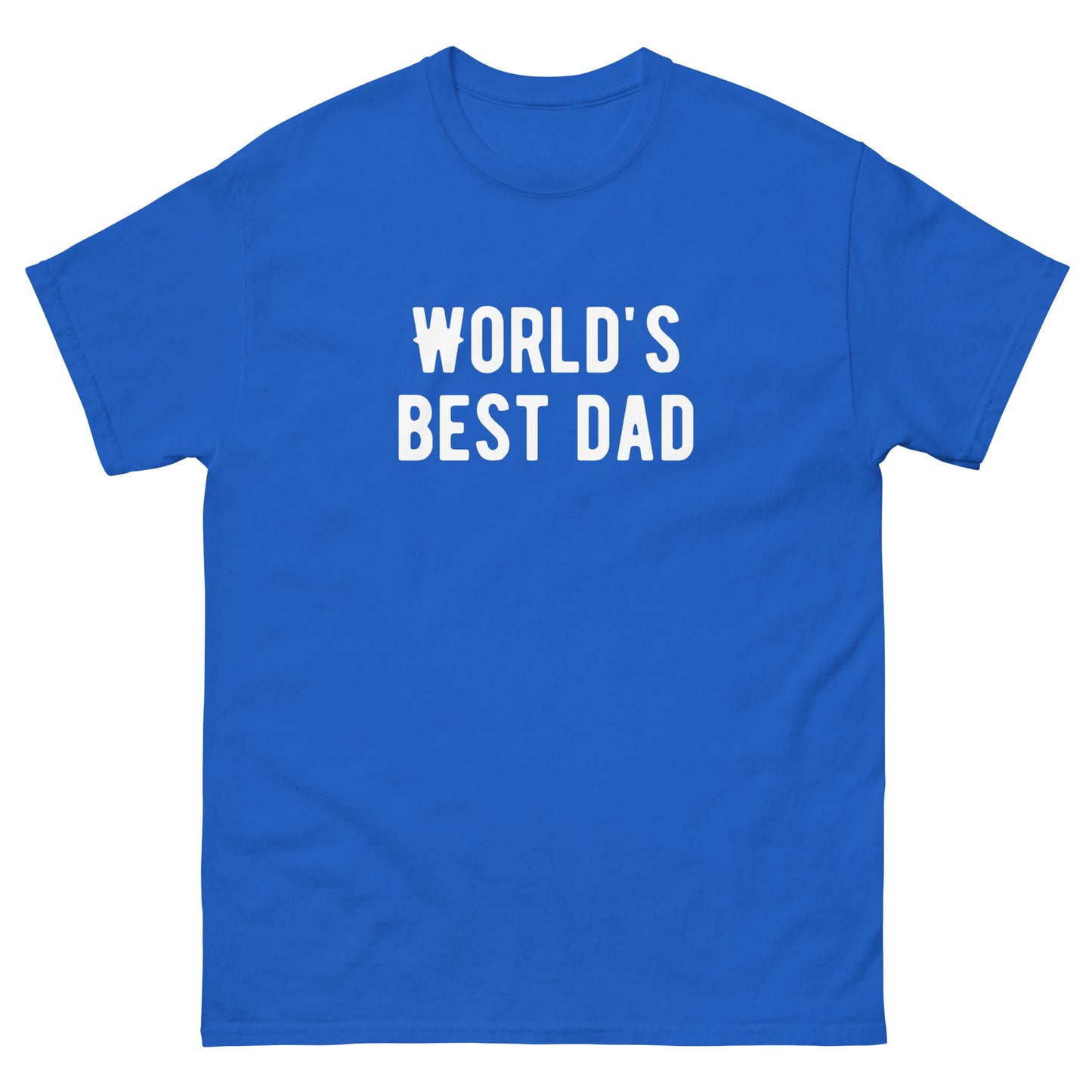 The FunnyDripStore Worlds Best Dad T-Shirt in navy features WORLDS BEST DAD in bold white letters, with the W styled as a mustache—a funny, unique gift for dads who love humorous clothing.