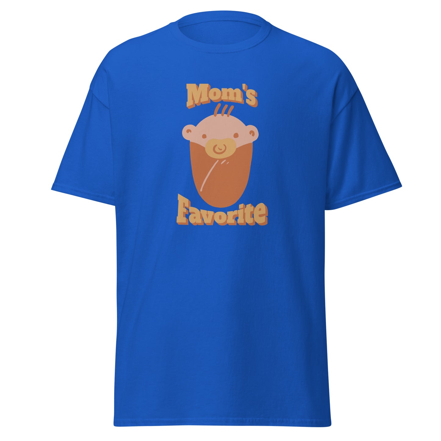 FunnyDripStore’s Moms Favorite T-Shirt in black features a cartoon baby face with a pacifier and “Moms Favorite” text in light brown—a playful, funny tee perfect for anyone who loves to show off their sense of humor!.