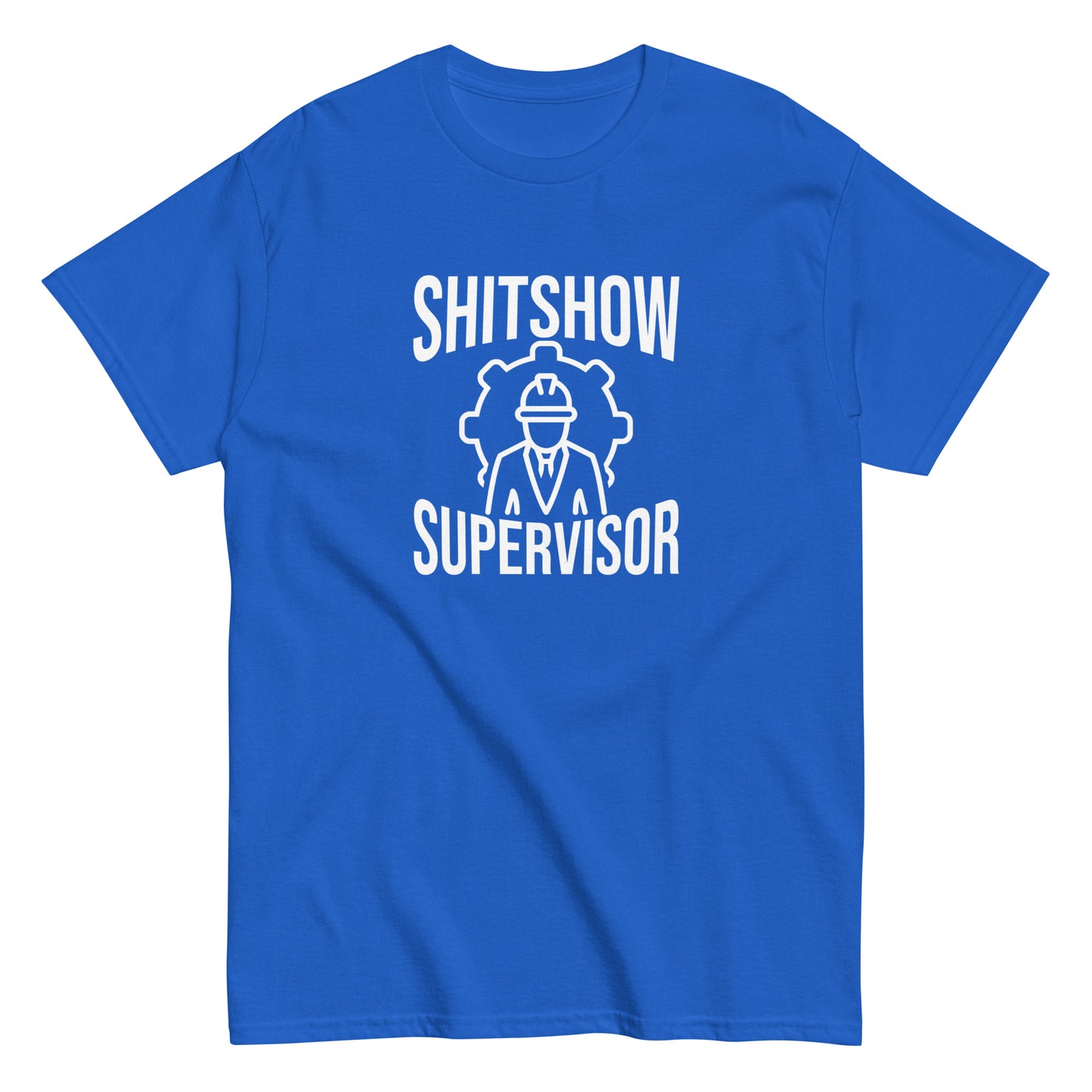 The Shitshow Supervisor T-Shirt by FunnyDripStore features “SHITSHOW SUPERVISOR” in white and a supervisor line drawing—perfect funny merch for meme lovers seeking humor tees.