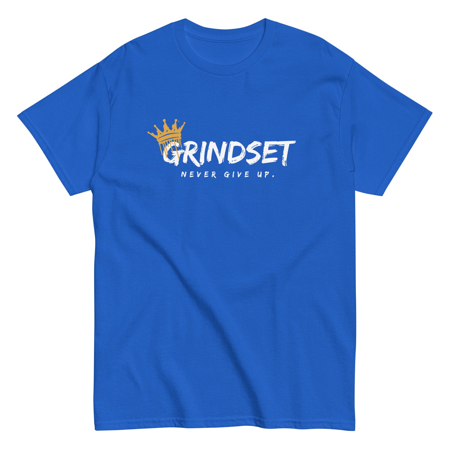 The Grindset T-Shirt by FunnyDripStore is a purple tee featuring GRINDSET in bold white letters with a gold crown over the G, and NEVER GIVE UP. below—ideal for fans of clever text shirts.