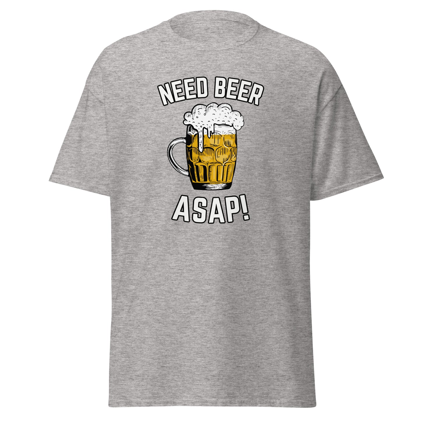 The Need Beer T-Shirt by FunnyDripStore features a frothy beer mug illustration, NEED BEER above and ASAP! below in bold white caps—a humorous meme tee perfect for beer lovers.