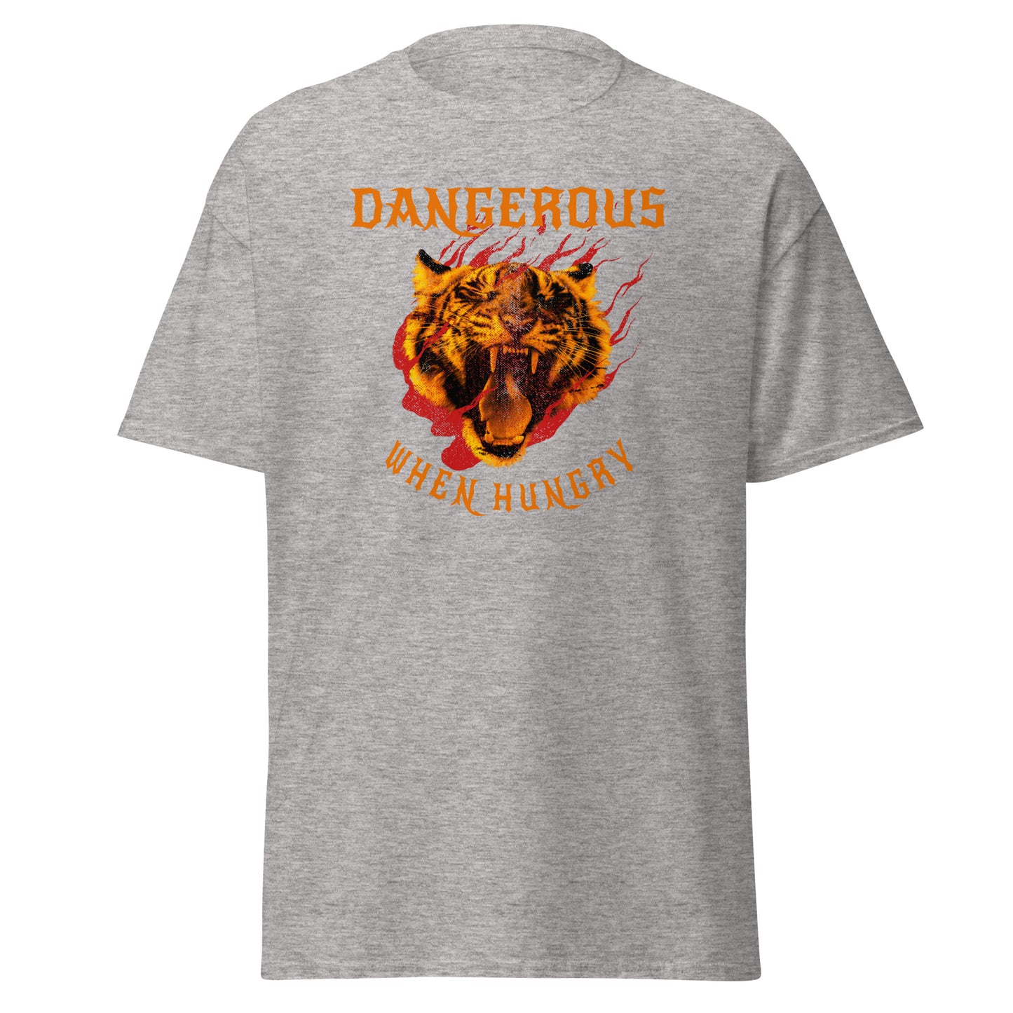 The Dangerous When Hungry T-Shirt by FunnyDripStore features a bold tiger head with flames and yellow-orange text reading DANGEROUS above and WHEN HUNGRY below—perfect for anyone who loves funny, eye-catching style.
