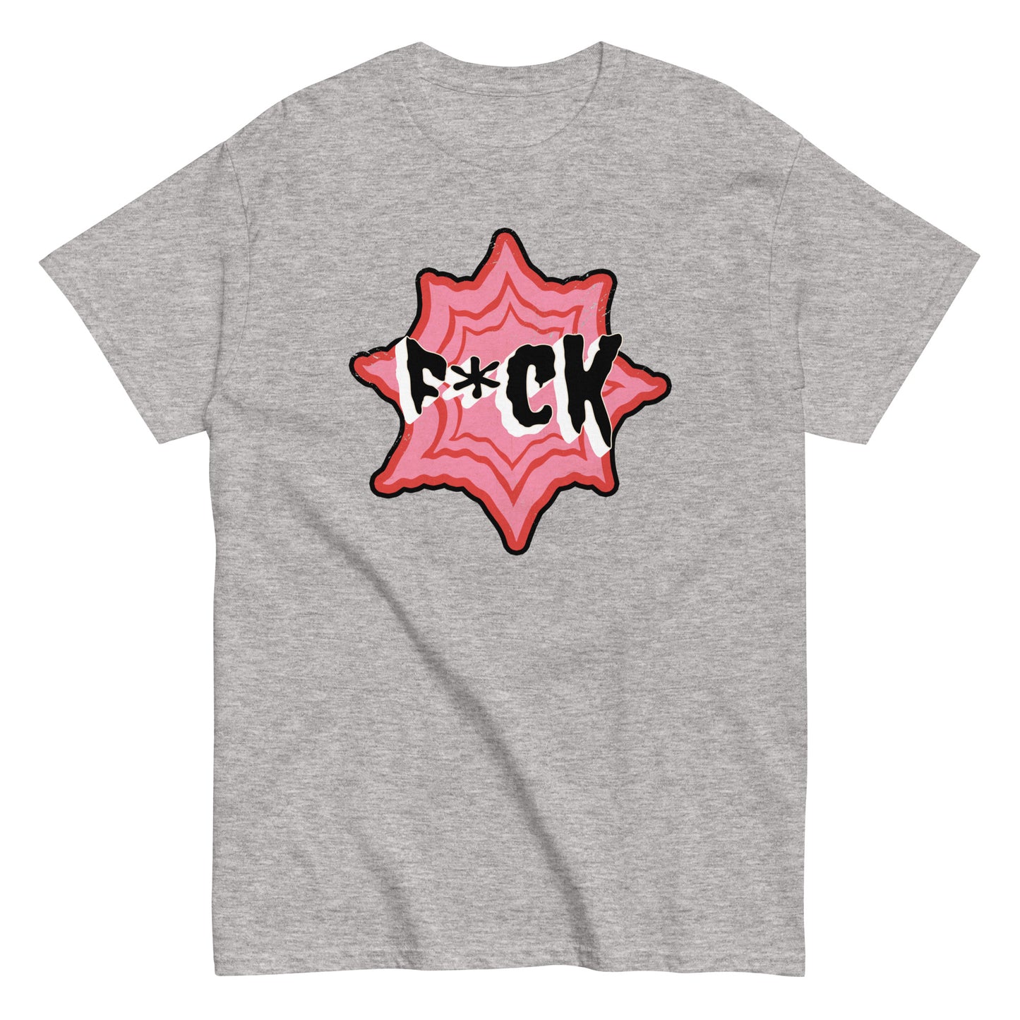 The F*ck T-Shirt by FunnyDripStore is a black tee with F*CK in bold black and white letters, a red asterisk as the U, all centered in a jagged red and pink starburst—a standout funny merch item.