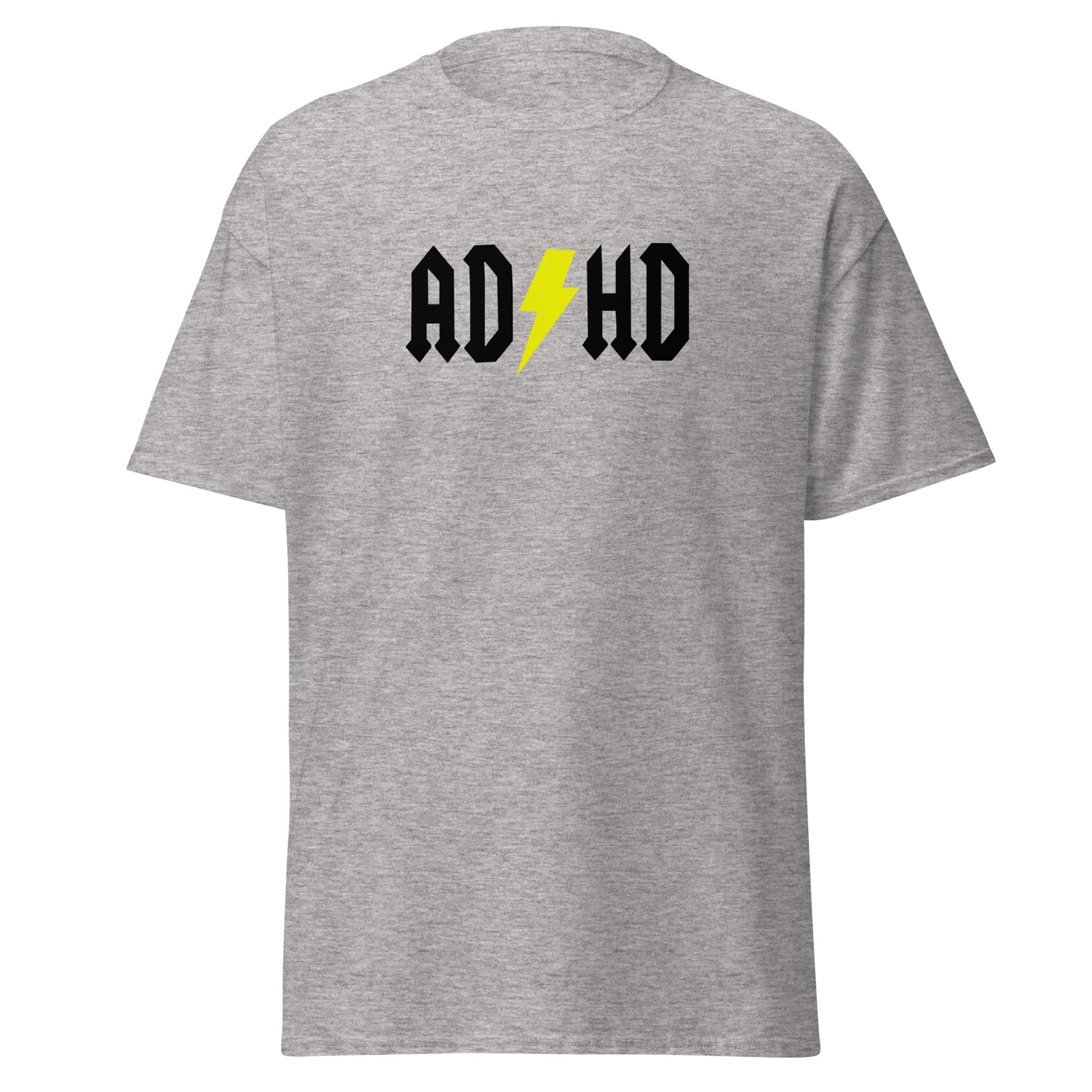 The ADHD T-Shirt by FunnyDripStore features ADHD in bold white letters with a yellow lightning bolt as the second H, styled like the AC/DC logo—a great gift for anyone who loves funny graphic tees.