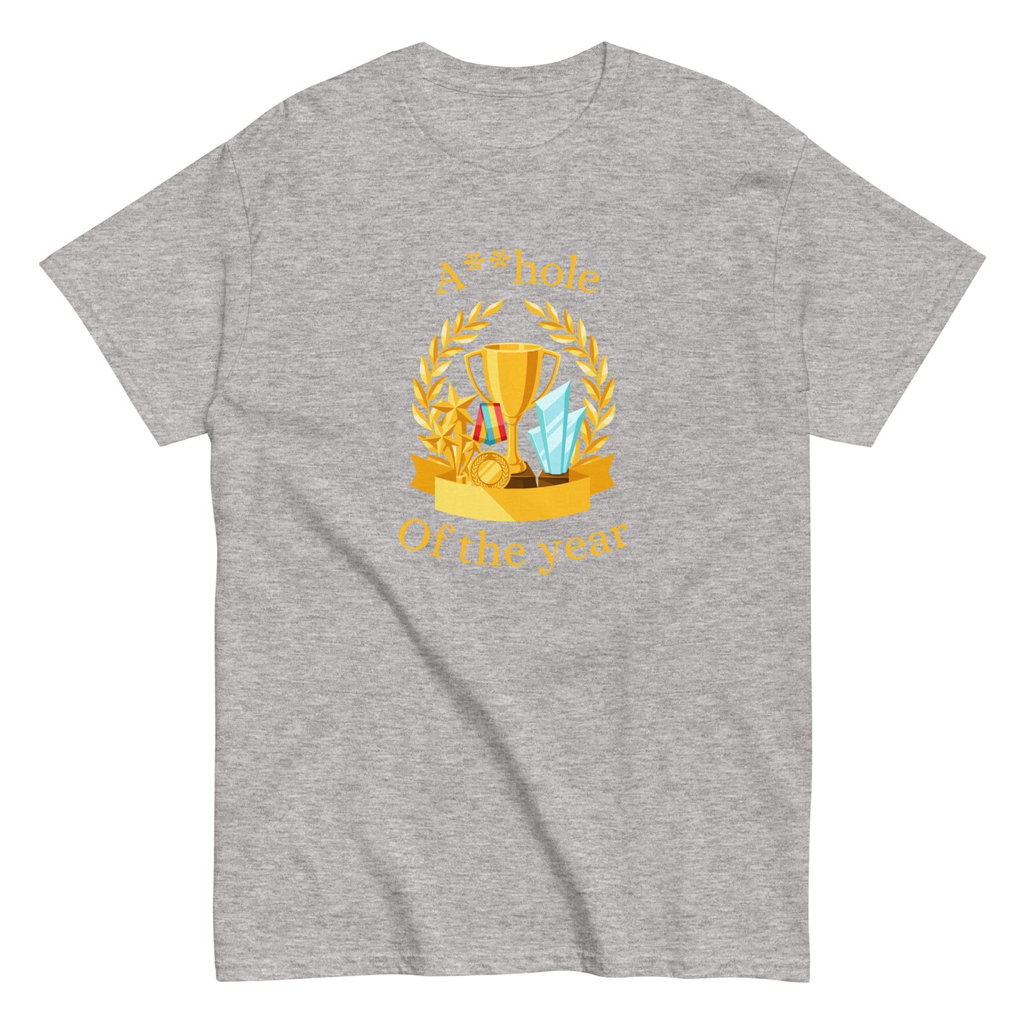 The A**hole Of The Year T-Shirt by FunnyDripStore features a black design with a gold trophy, medals, laurel wreath graphic, and bold yellow text. Perfect funny merch for anyone who loves standout humor.