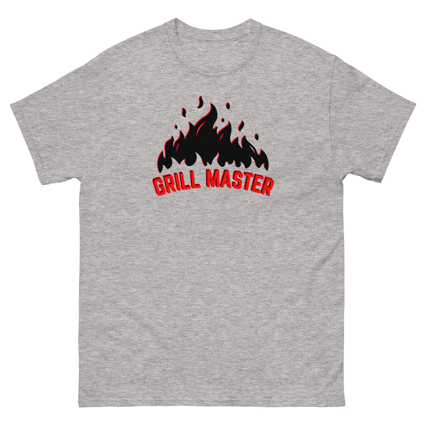 The Grill Master T-Shirt by FunnyDripStore: a yellow tee with black flames above bold red GRILL MASTER text—funny merch perfect for any BBQ lover.