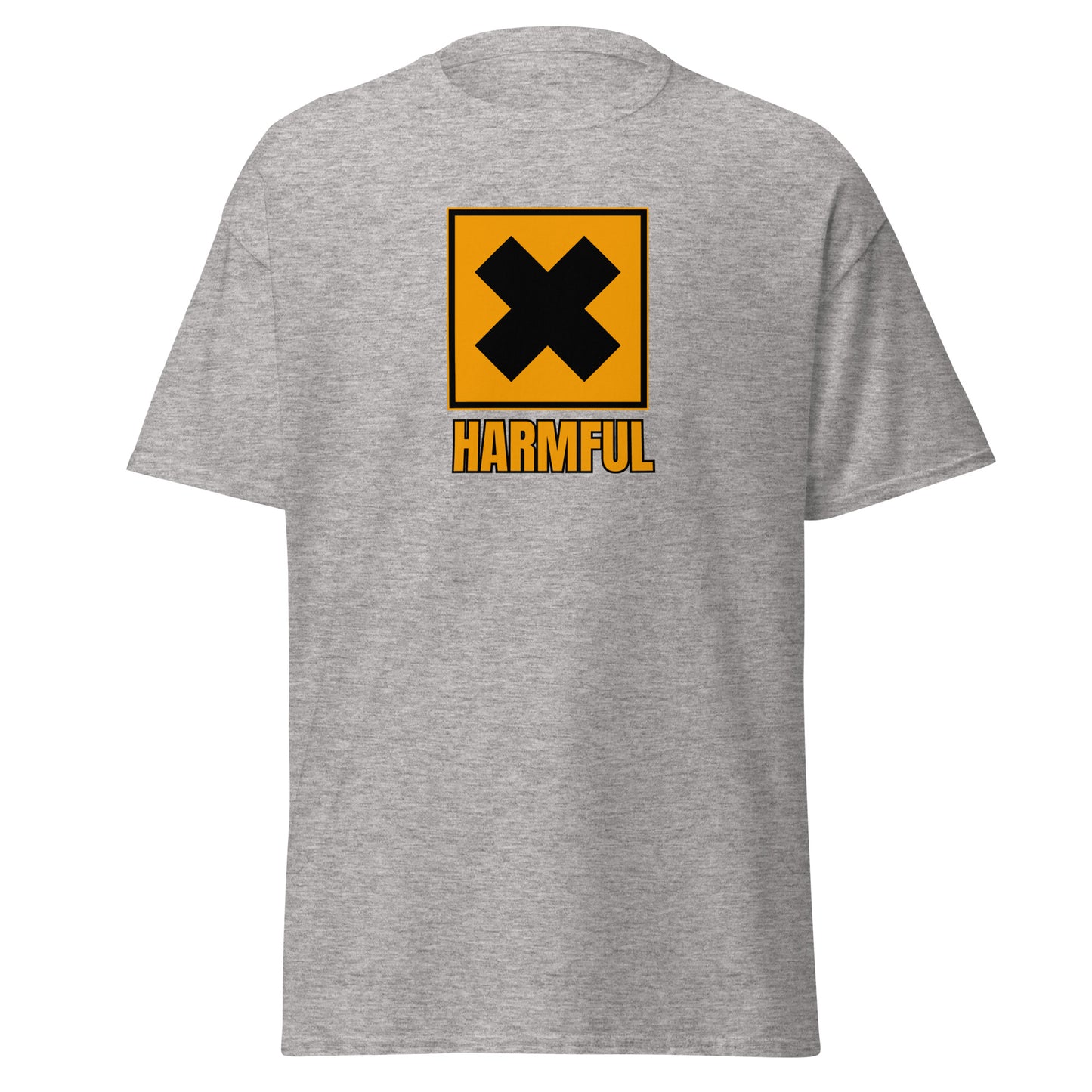 The Harmful T-Shirt by FunnyDripStore is a yellow meme shirt with a bold black X in a square above HARMFUL in black letters on the chest.
