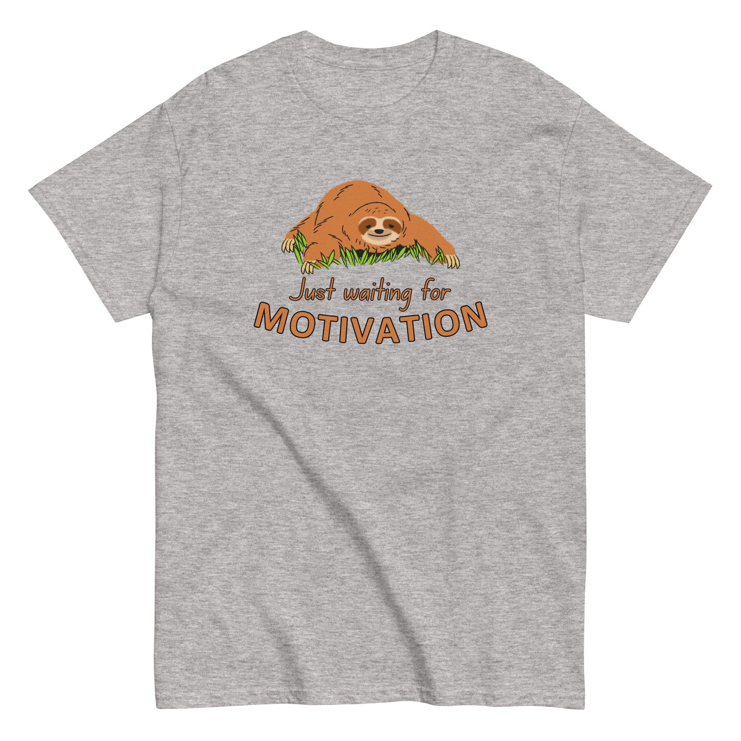 The Just Waiting For Motivation T-Shirt by FunnyDripStore features a smiling sloth on grass above bold orange and yellow text—a perfect choice for fans of funny apparel.
