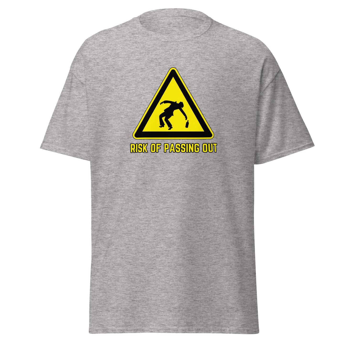 The Risk Of Passing Out T-Shirt by FunnyDripStore is a black tee with a yellow warning sign and “RISK OF PASSING OUT” text—a perfect meme shirt for fans of bold, humorous style.