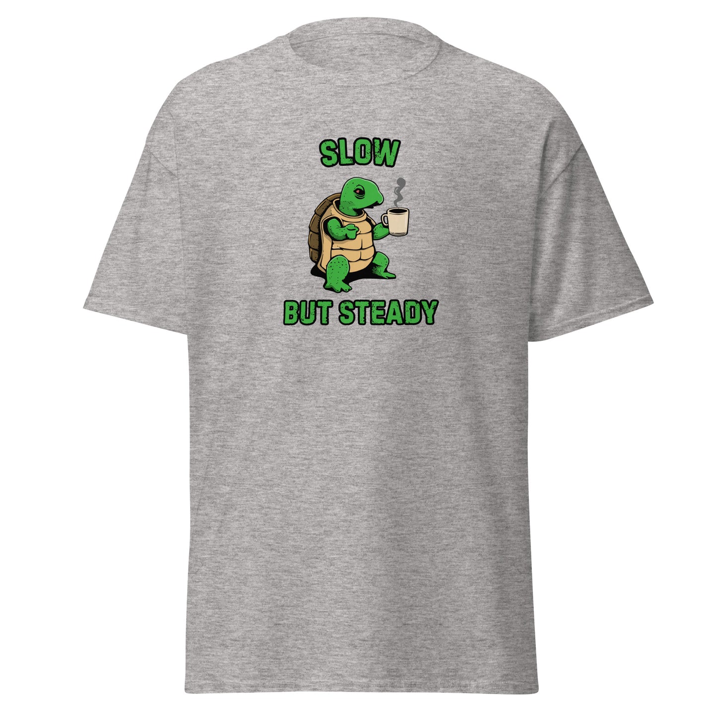The FunnyDripStore Slow But Steady T-Shirt is a black tee with a cartoon turtle holding a coffee mug and SLOW above and BUT STEADY below in green—perfect meme shirt for coffee lovers.