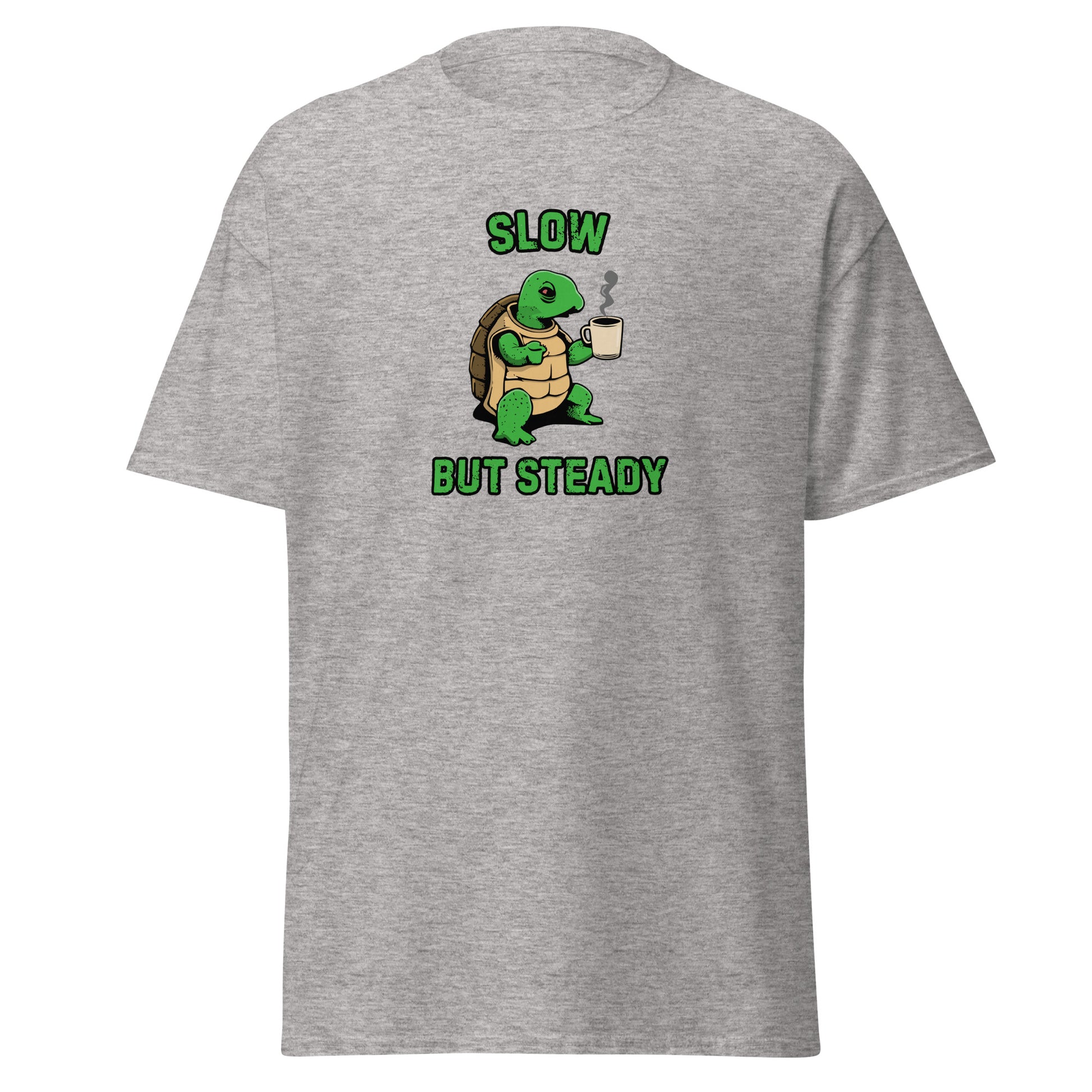 The FunnyDripStore Slow But Steady T-Shirt is a black tee with a cartoon turtle holding a coffee mug and SLOW above and BUT STEADY below in green—perfect meme shirt for coffee lovers.