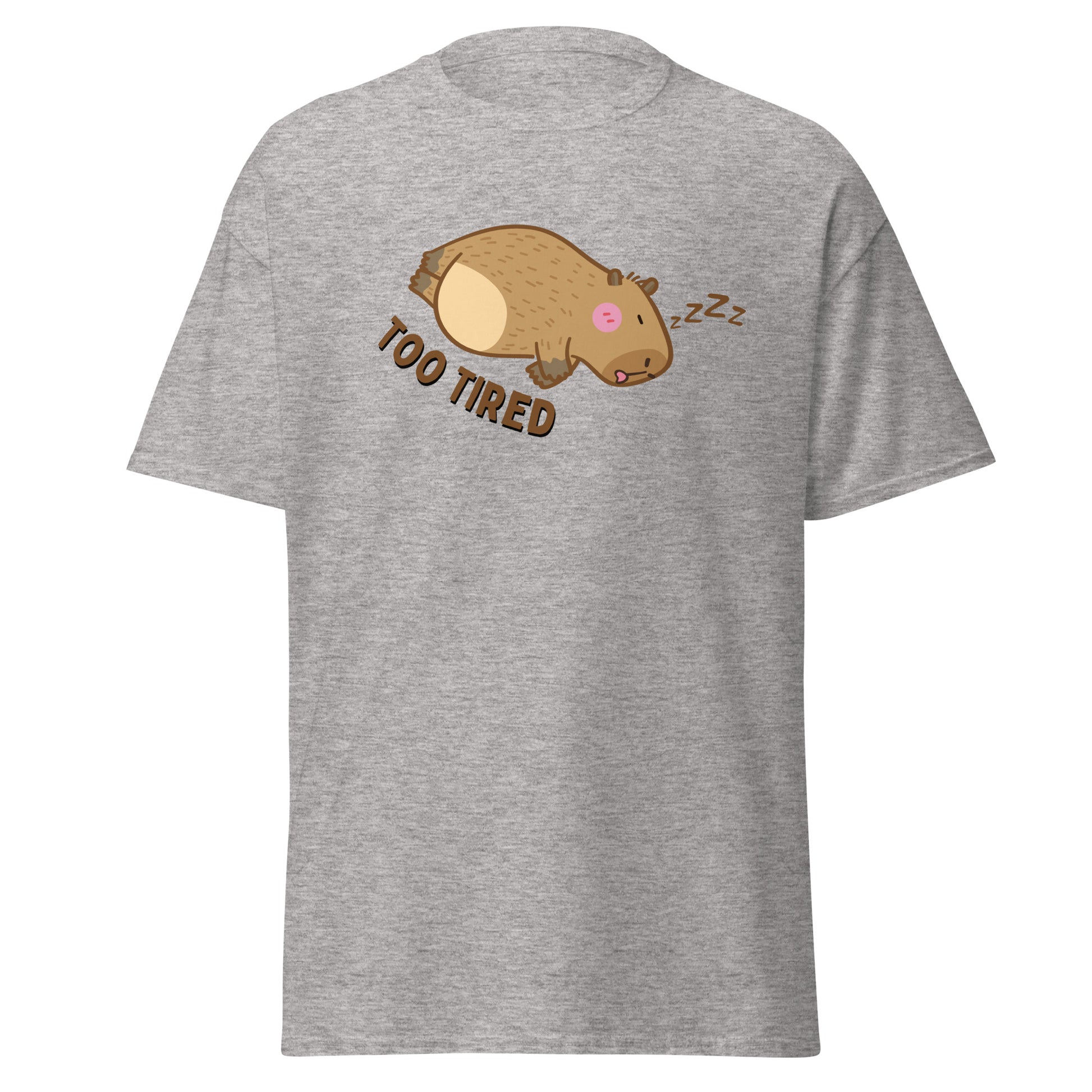 The Too Tired T-Shirt by FunnyDripStore is a white tee with a cute cartoon capybara sleeping on its side and TOO TIRED text—ideal for fans of funny clothing and charming, sleepy vibes.