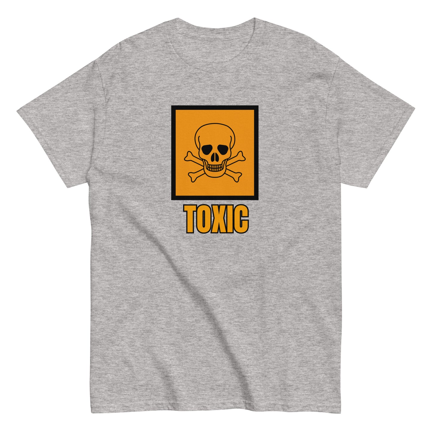 The FunnyDripStore Toxic T-Shirt features a bold yellow square with a black skull and crossbones above TOXIC in yellow on the front. This black meme shirt is perfect for those who love humorous clothing.
