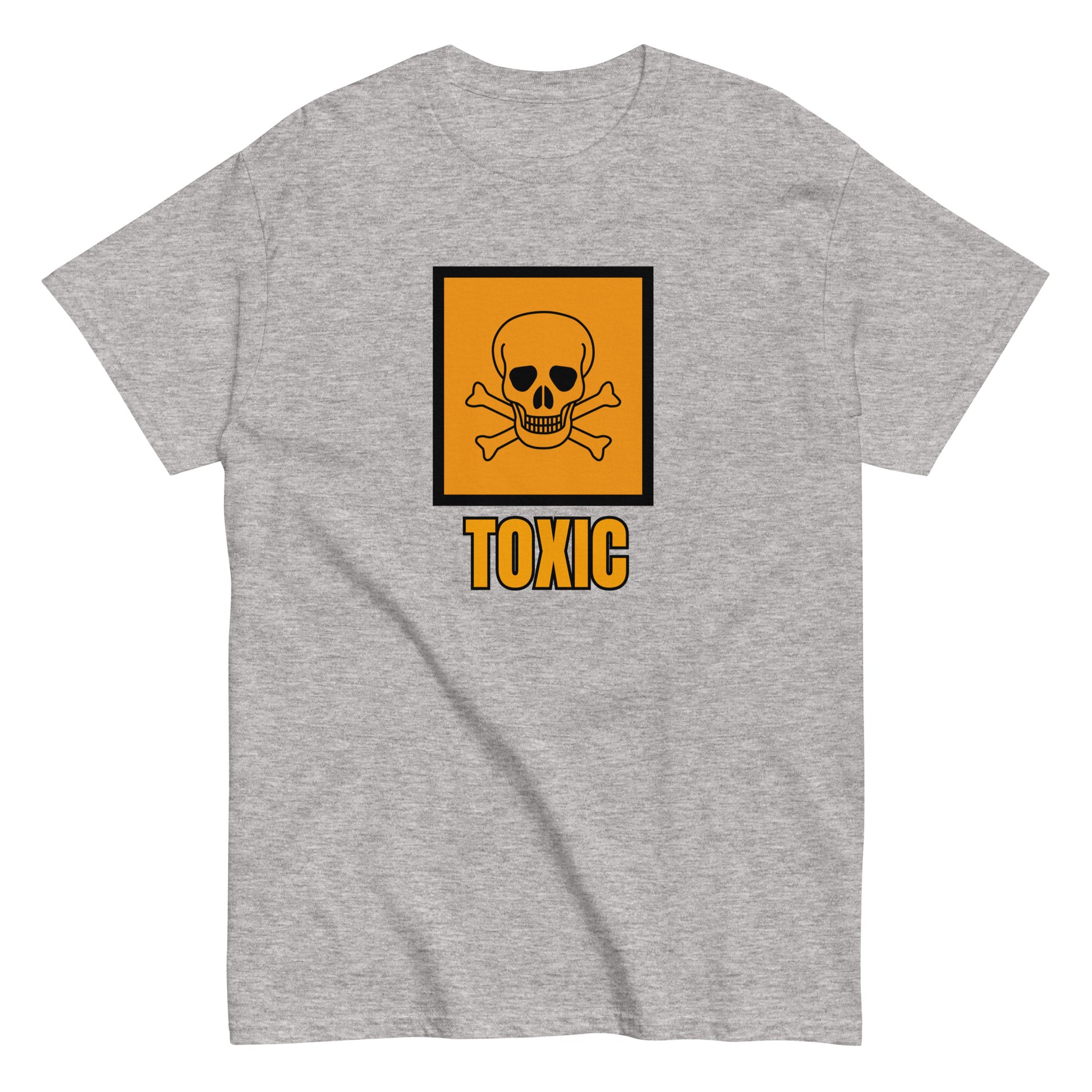 The FunnyDripStore Toxic T-Shirt features a bold yellow square with a black skull and crossbones above TOXIC in yellow on the front. This black meme shirt is perfect for those who love humorous clothing.