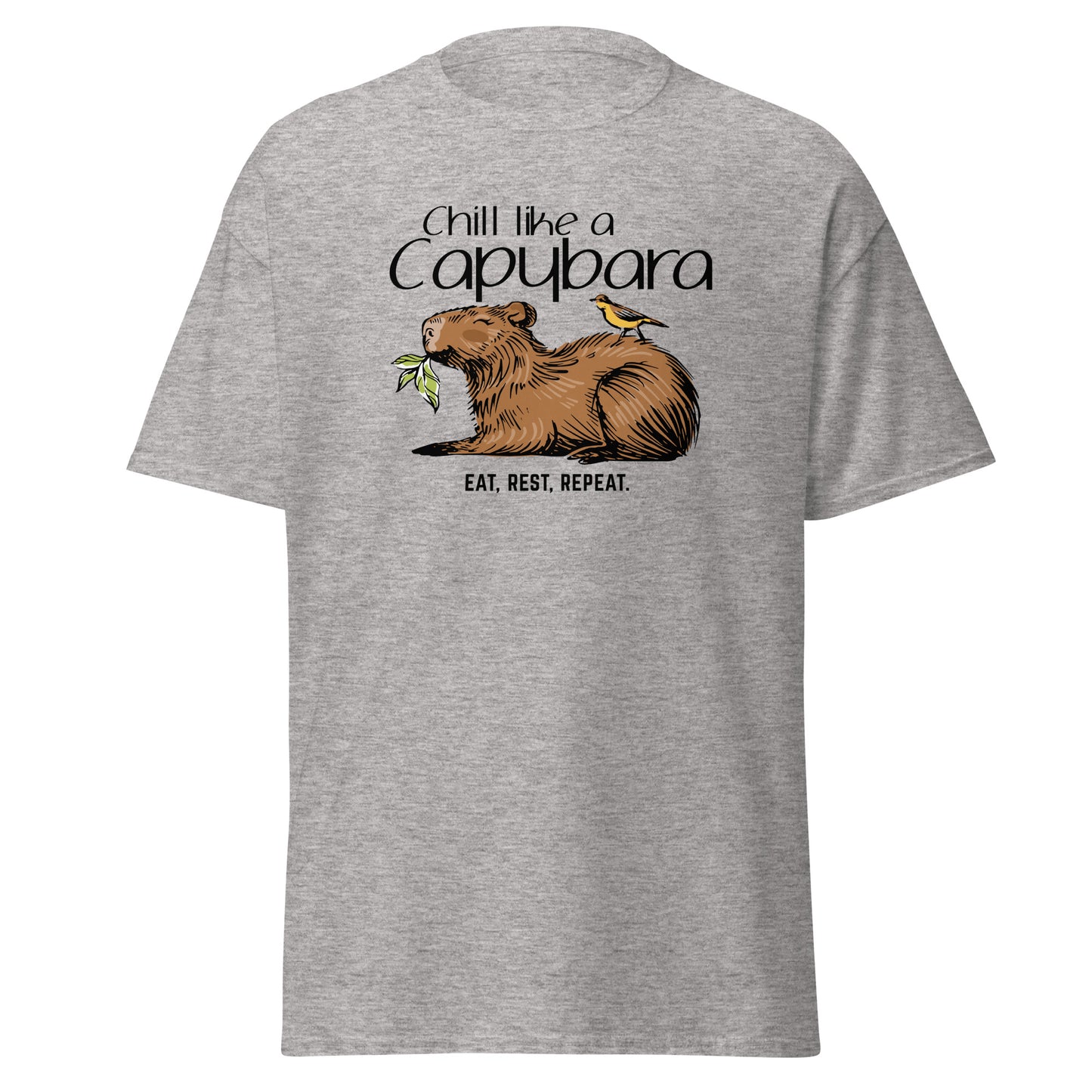 Chill Like A Capybara T-Shirt by FunnyDripStore: White tee with a relaxed capybara and bird eating a leaf, captioned “Chill like a Capybara” above and “Eat, rest, repeat” below. Perfect funny shirt for laid-back meme lovers!.