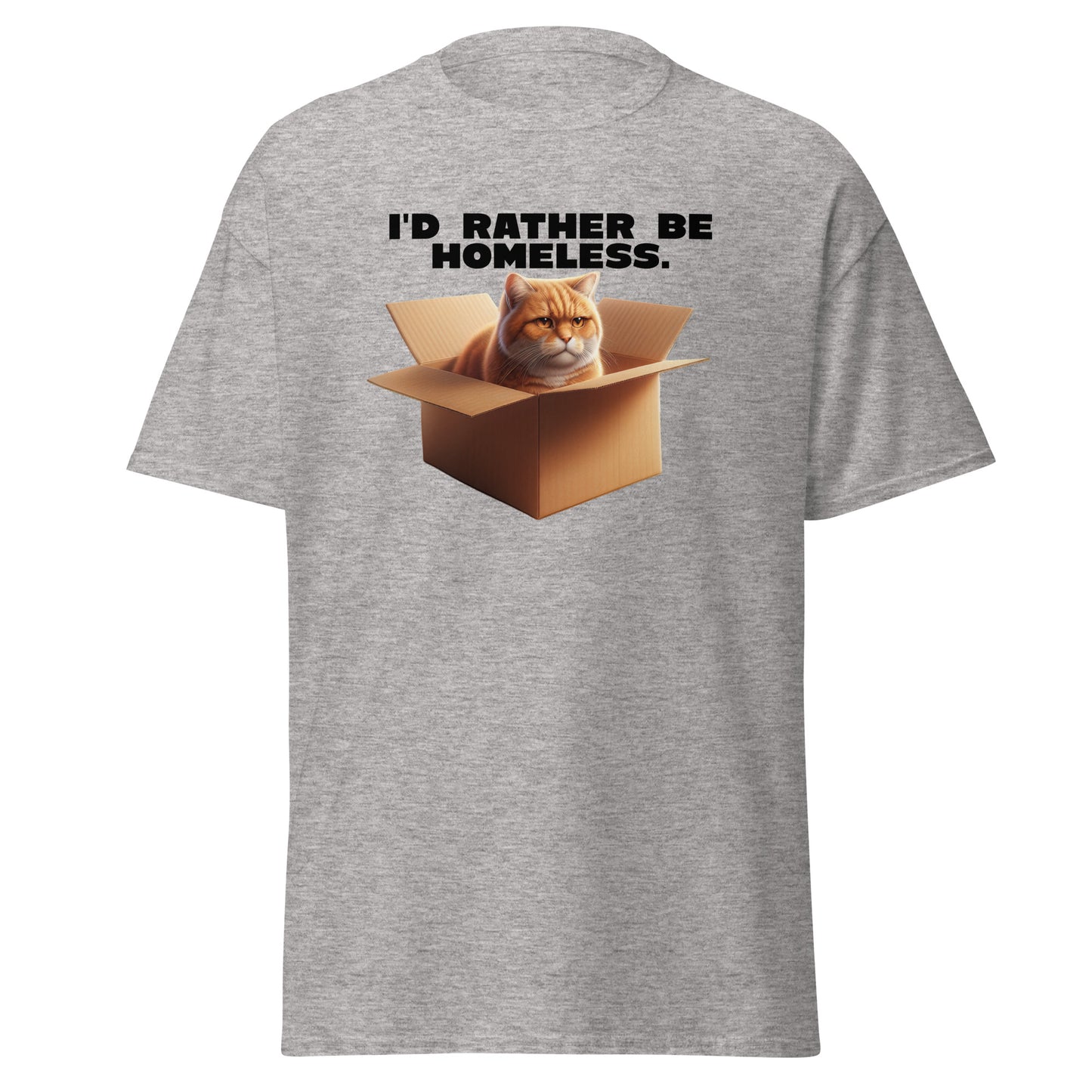 The Id Rather Be Homeless T-Shirt by FunnyDripStore features a grumpy orange cat in a box on a gold tee—perfect quirky merch for cat lovers and fans of clever text shirts.