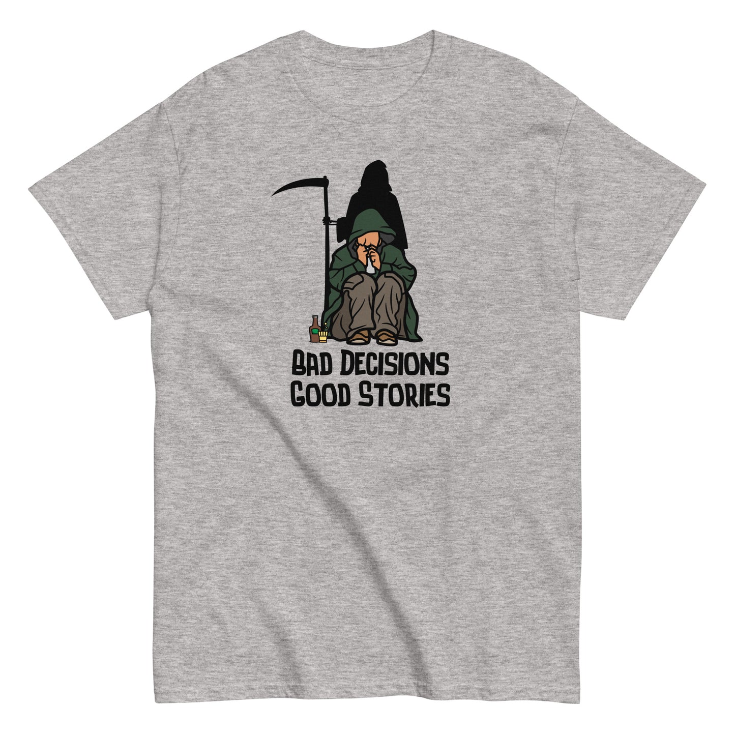 The FunnyDripStore Bad Decisions Good Stories T-Shirt is a white tee featuring a cartoon Grim Reaper with a drink and cigarette, plus bold text—perfect for fans of witty and funny style.