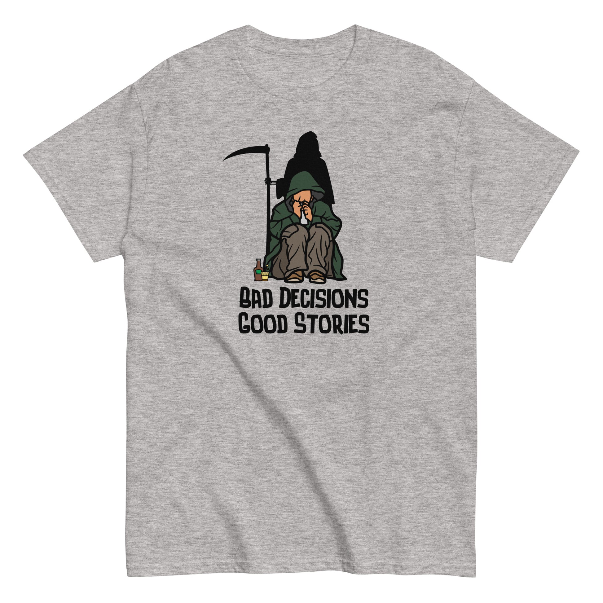 The FunnyDripStore Bad Decisions Good Stories T-Shirt is a white tee featuring a cartoon Grim Reaper with a drink and cigarette, plus bold text—perfect for fans of witty and funny style.