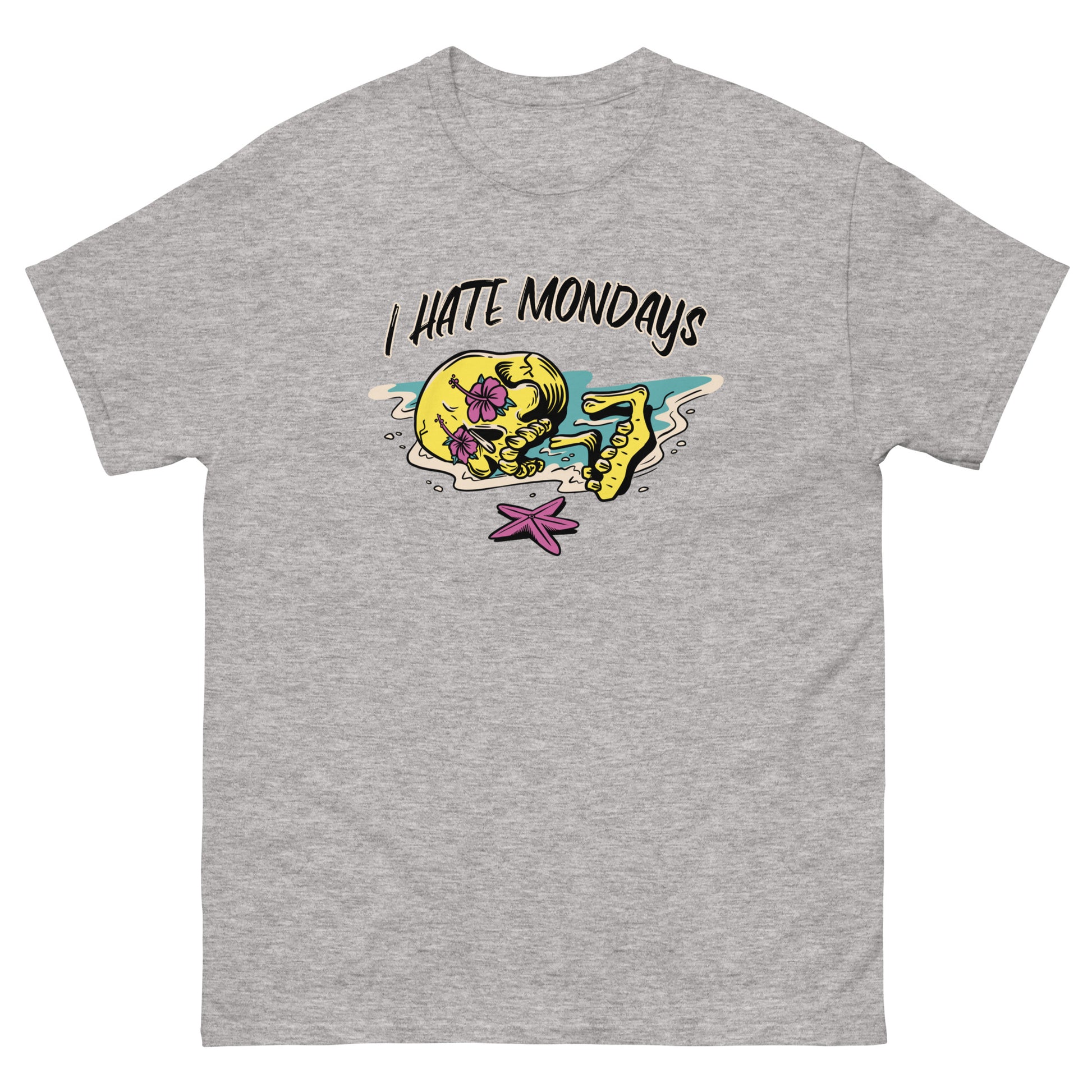 The FunnyDripStore I Hate Mondays T-Shirt in white features a cartoon skeleton lounging on the beach with sunglasses, drink, and starfish, plus bold I HATE MONDAYS text—a perfect funny merch gift.