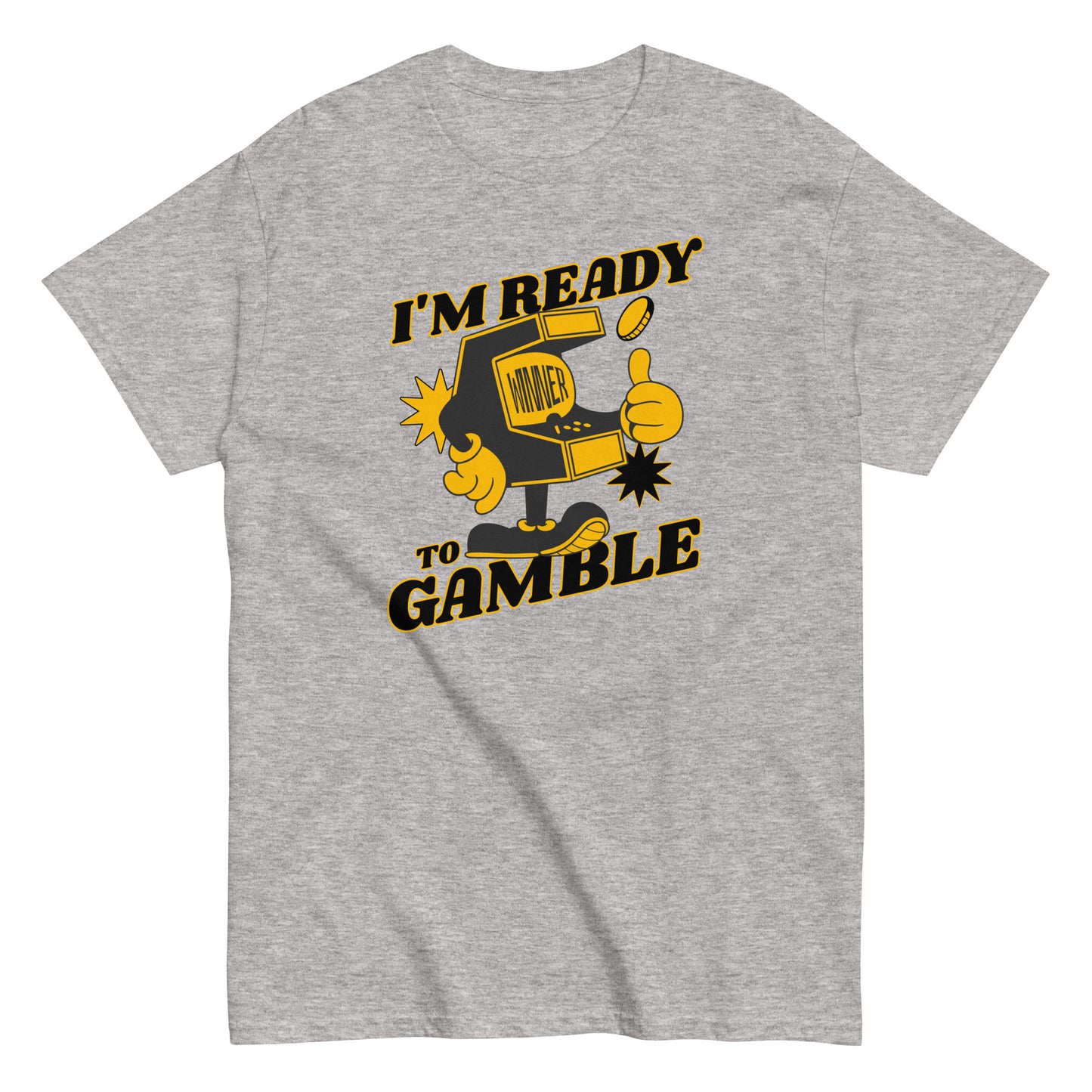 The Im Ready To Gamble T-Shirt by FunnyDripStore comes in gold and features a cartoon slot machine giving a thumbs up with coins, stars, and bold IM READY TO GAMBLE text—perfect for fans of unique and funny clothing.