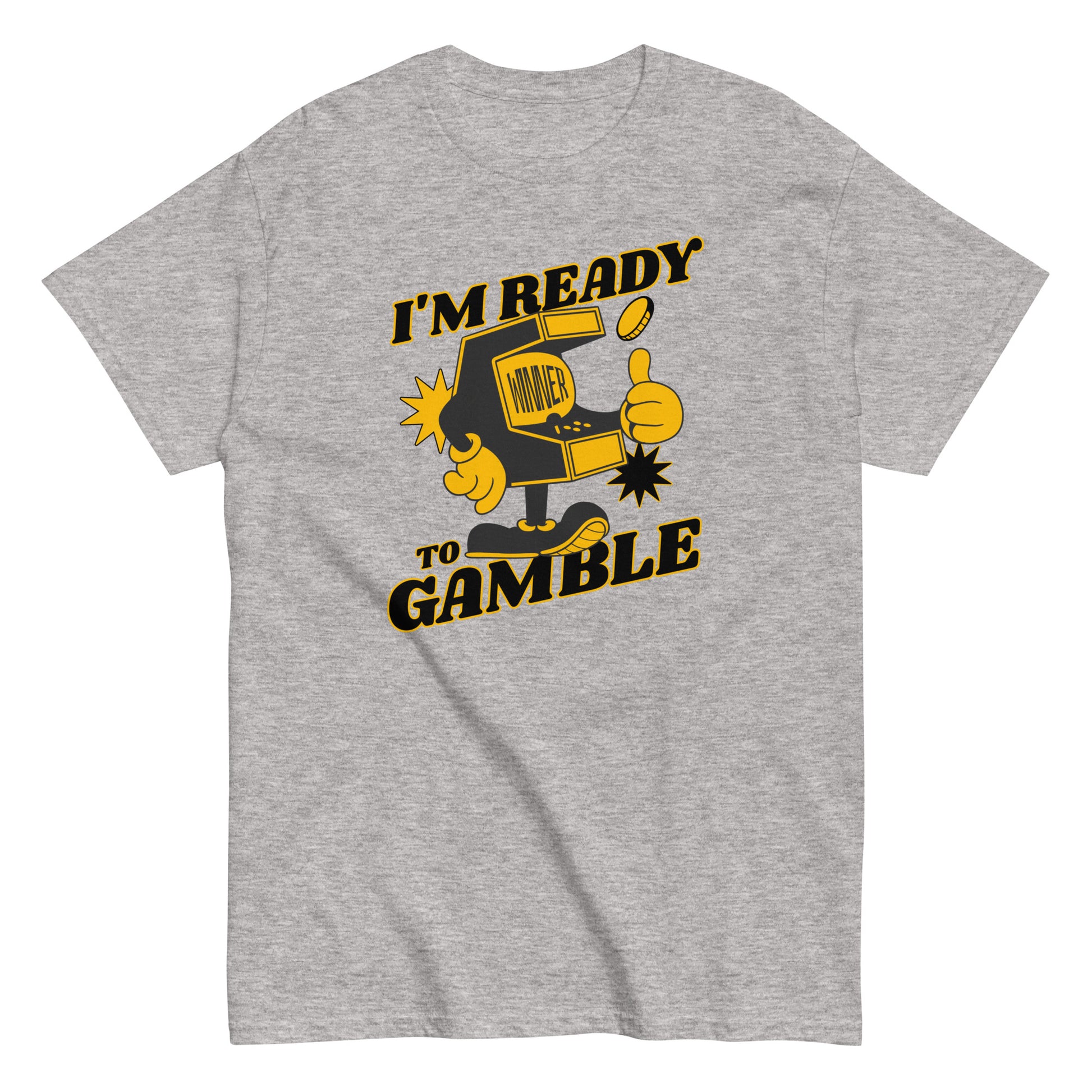 The Im Ready To Gamble T-Shirt by FunnyDripStore comes in gold and features a cartoon slot machine giving a thumbs up with coins, stars, and bold IM READY TO GAMBLE text—perfect for fans of unique and funny clothing.