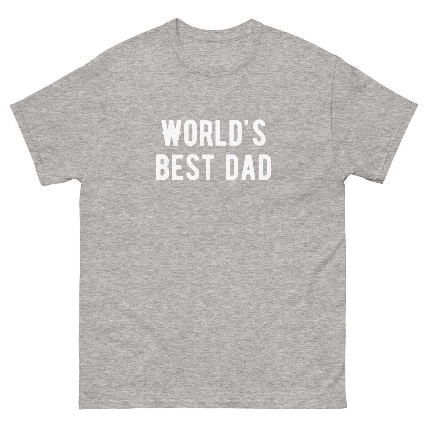 The FunnyDripStore Worlds Best Dad T-Shirt in navy features WORLDS BEST DAD in bold white letters, with the W styled as a mustache—a funny, unique gift for dads who love humorous clothing.